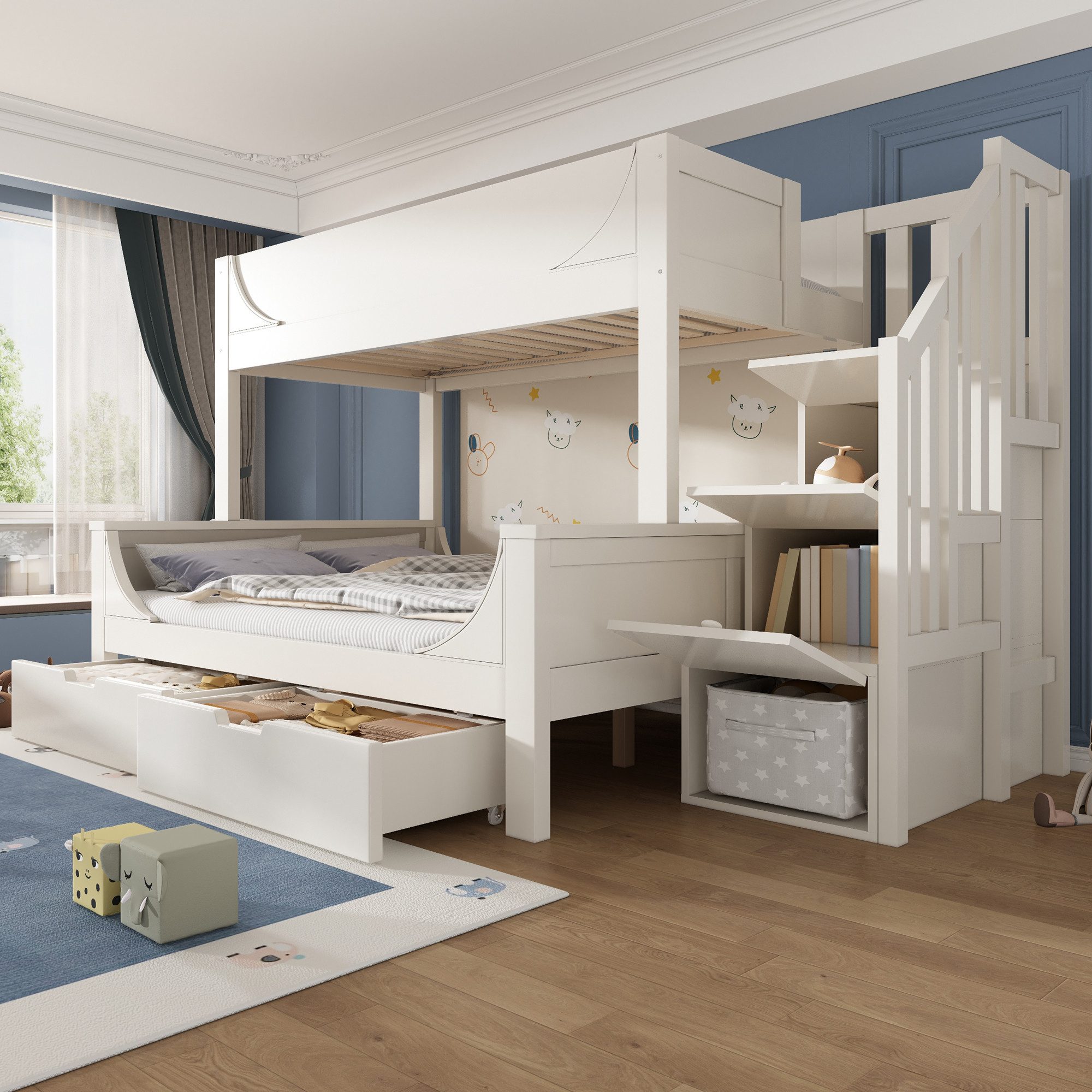 MODFU Hochbett mit Rollen-Schublade & Leiterschrank (Holzbett, Doppelbett, Kinderbett, 1-St., tagenbett Kinder 90x200 & 140x200 cm, Ohne Matratze) Hochbett Schlittenform