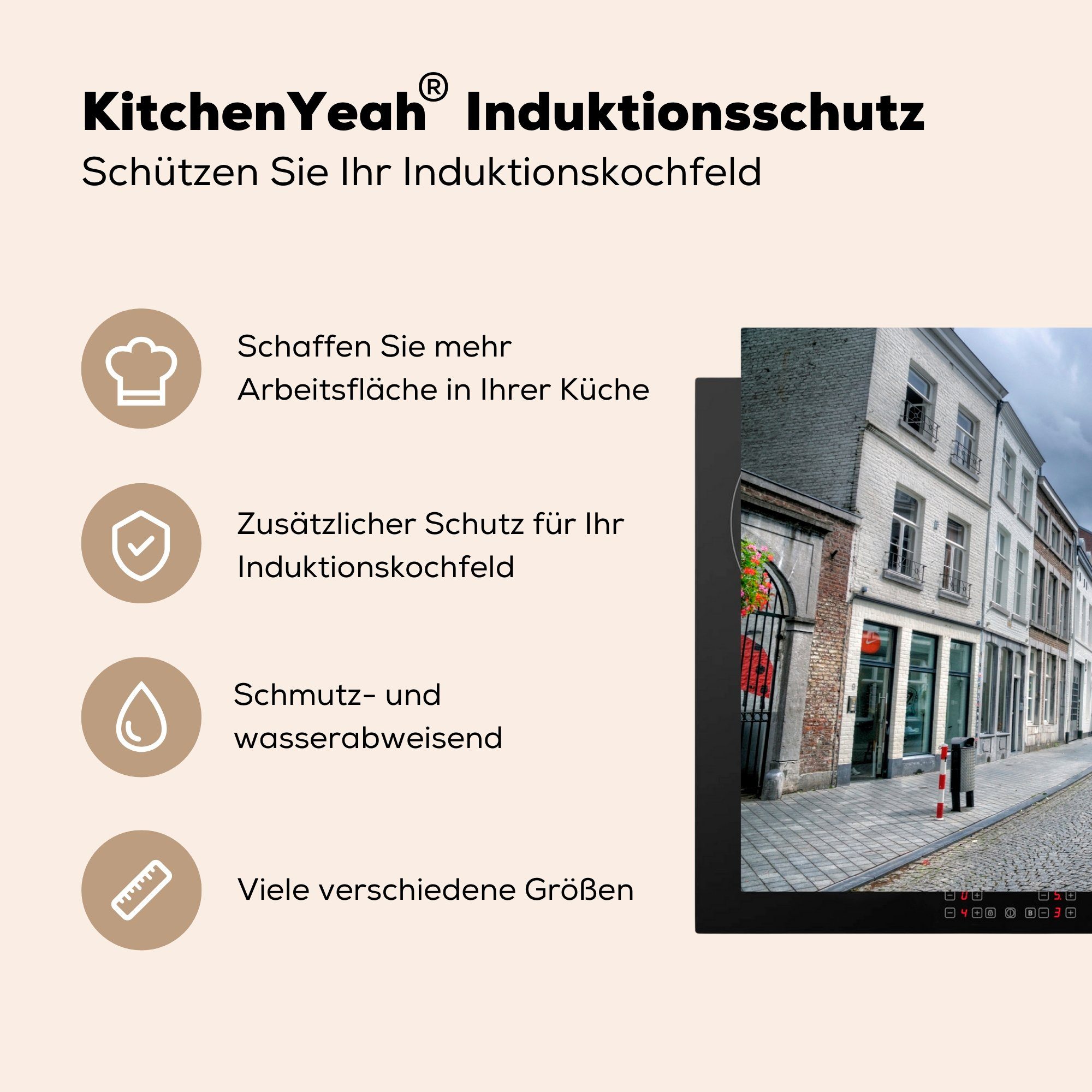 MuchoWow Herdblende-/Abdeckplatte Architektur - küche, die Induktionskochfeld - cm, Maastricht Vinyl, (1 tlg), Weiß, Ceranfeldabdeckung 81x52 für Schutz