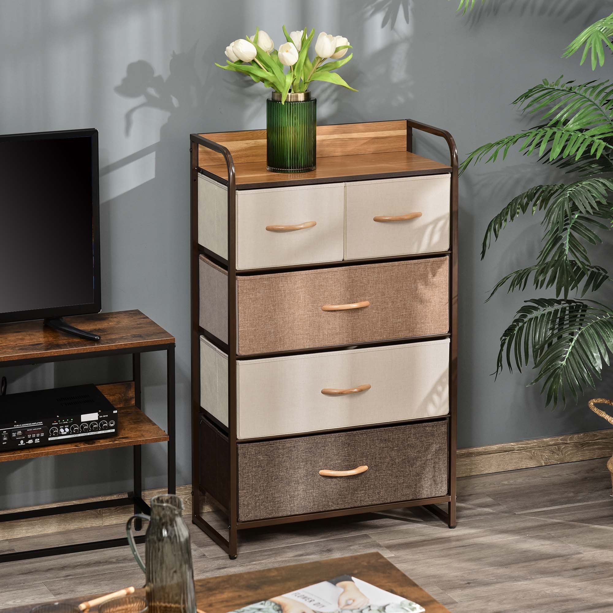 HOMCOM Kommode Sideboard, 5 Faltbare Stoff-Schubladen, Griff, Kippschutz (Aufbewahrungsschrank, 1 St., Kleiderschrank), für Wohnzimmer, Schlafzimmer, Braun