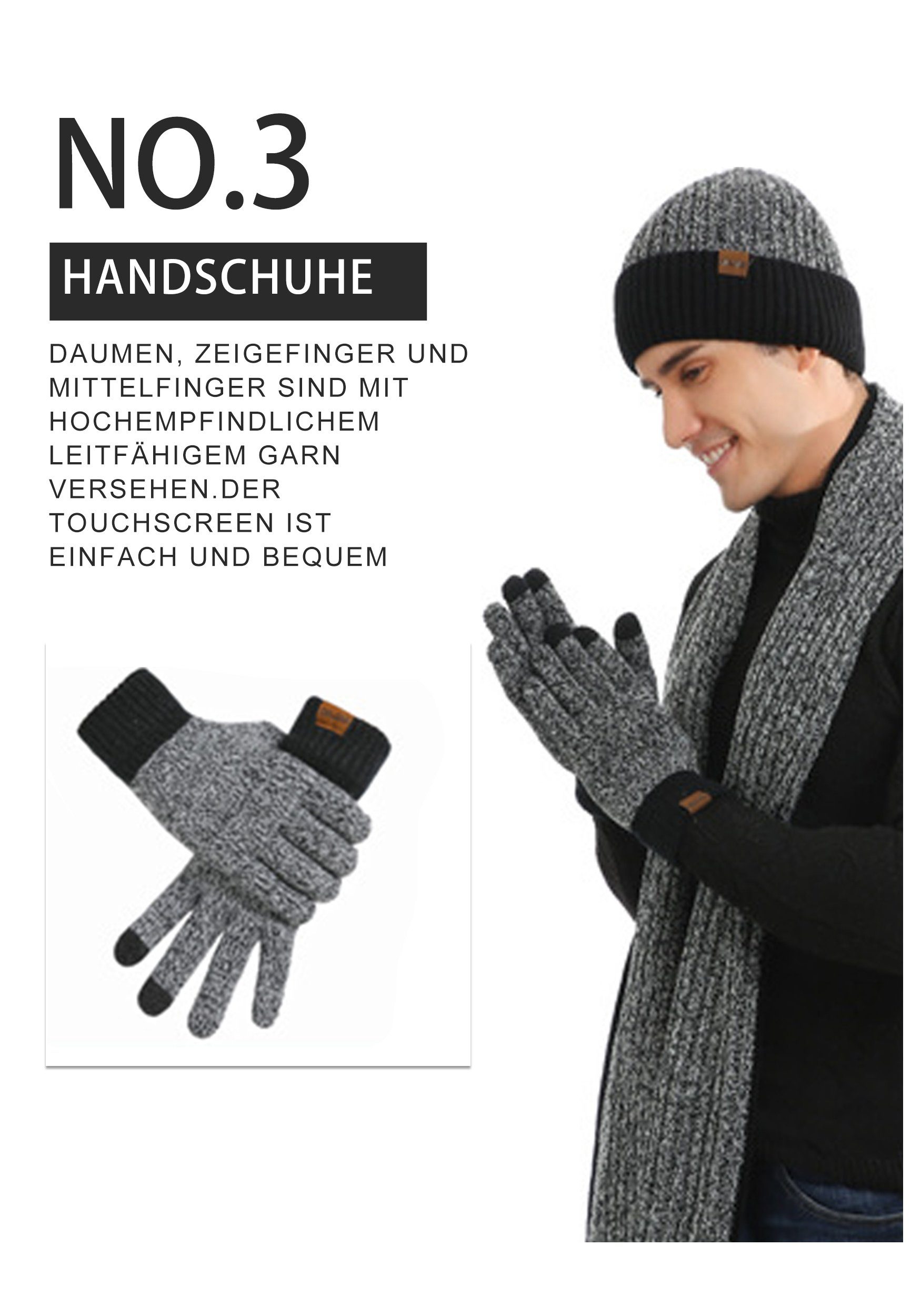 MAGICSHE Strickmütze Winter Weich Stück Hut warm Schal verdickte Handschuhe schwarz drei Set