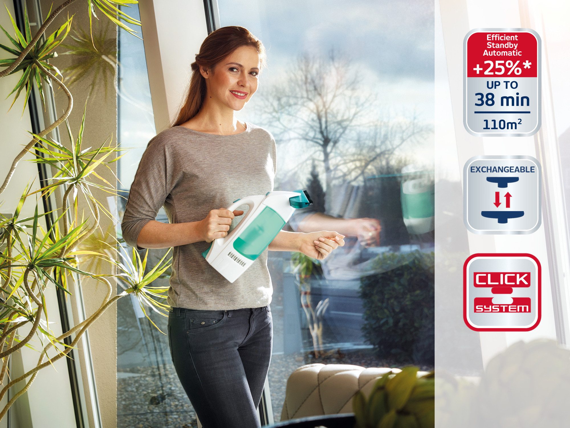 Leifheit Fenstersauger Set Fenstersauger Dry & Clean mit Stiel und Einwascher, (5-St) Streifenfrei Absaugen, bis 38 Minuten Laufzeit, 43cm Stiel