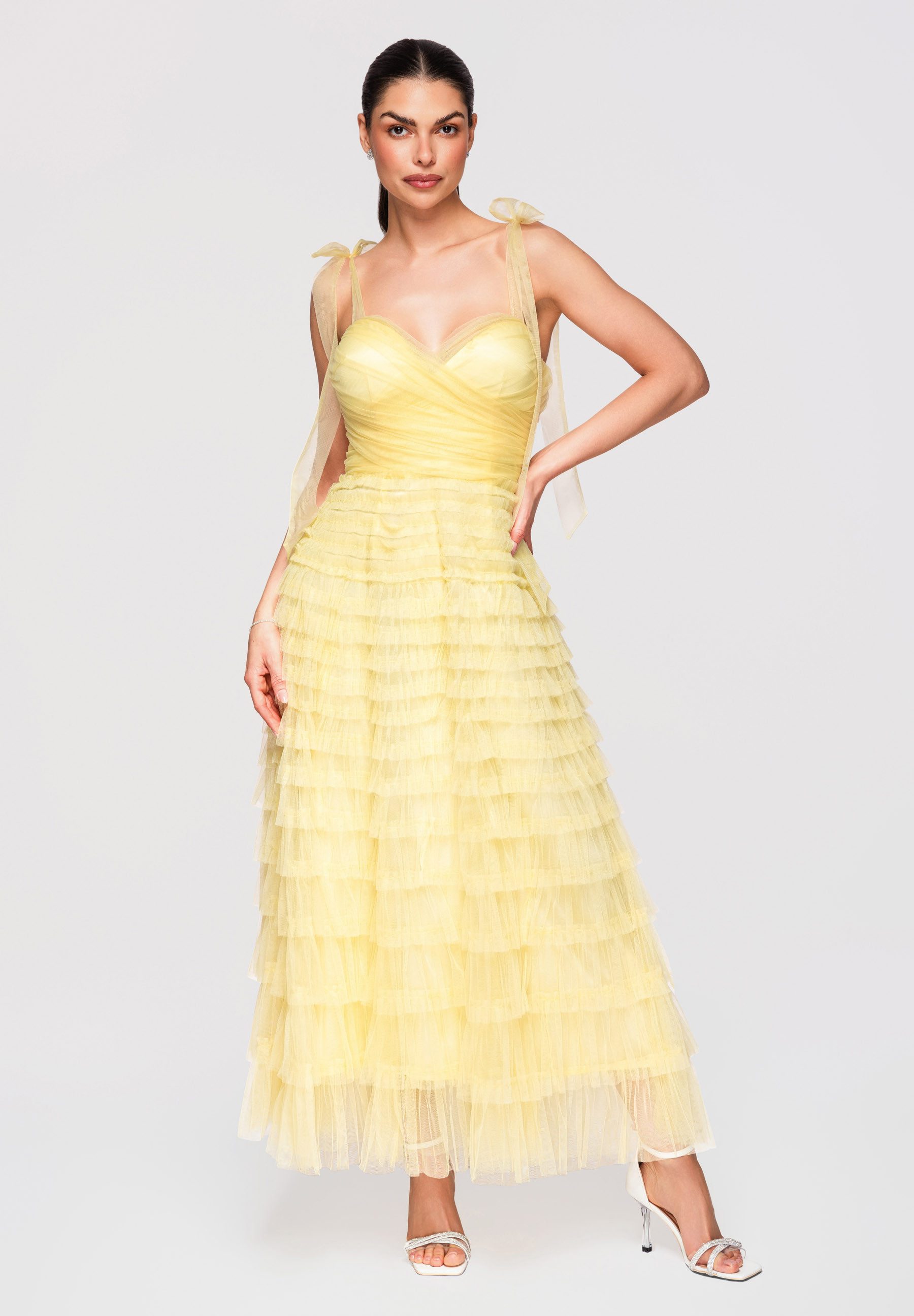 OMBRE Abendkleid Maxikleid Abendkleid Tüll mit Spitze Gelb S (kein Set, 1-tlg) Mehrlagiger Rockteil mit Rüschen