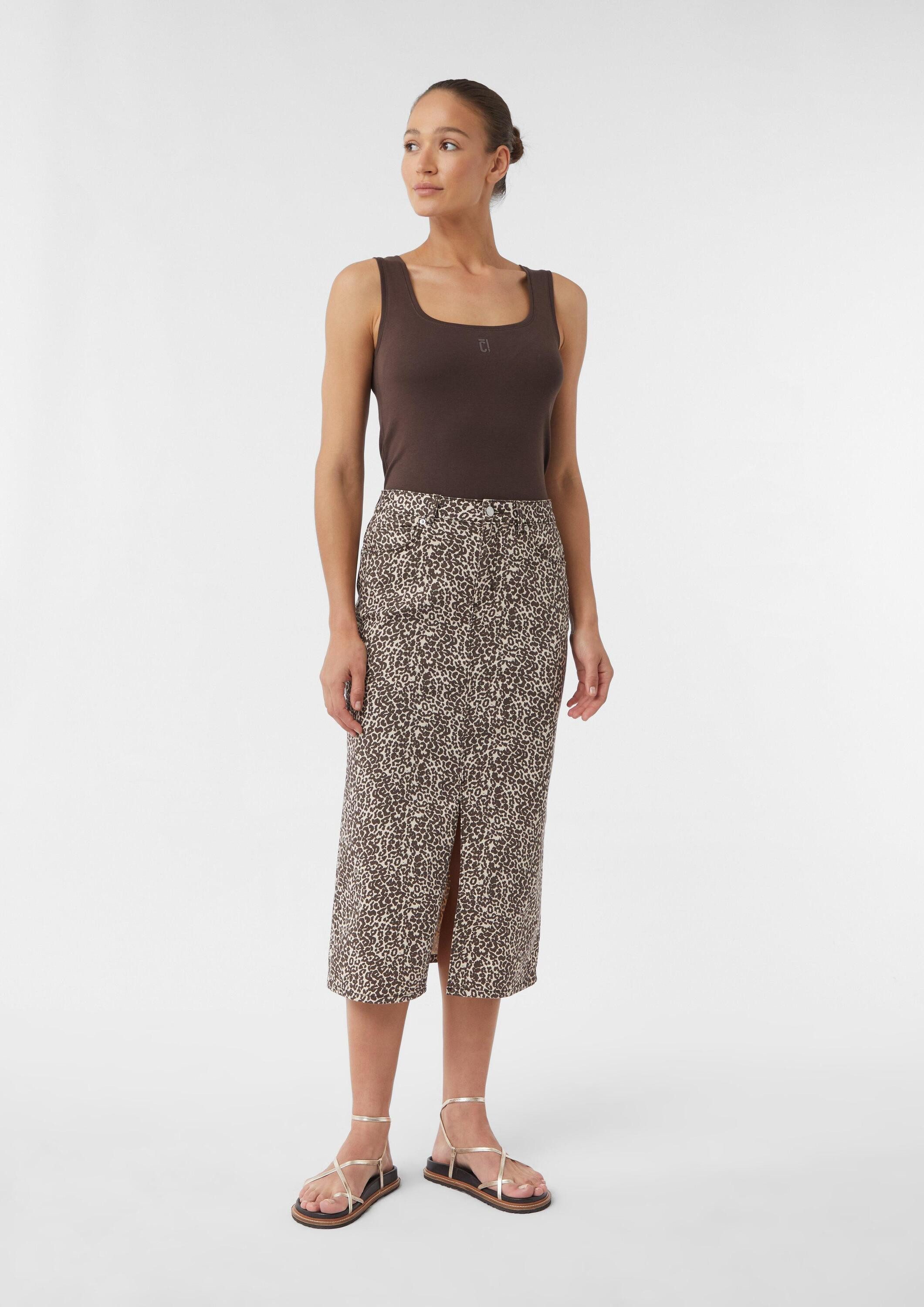 comma Midirock Rock Jeansrock in Midi-Länge mit Leo-Print