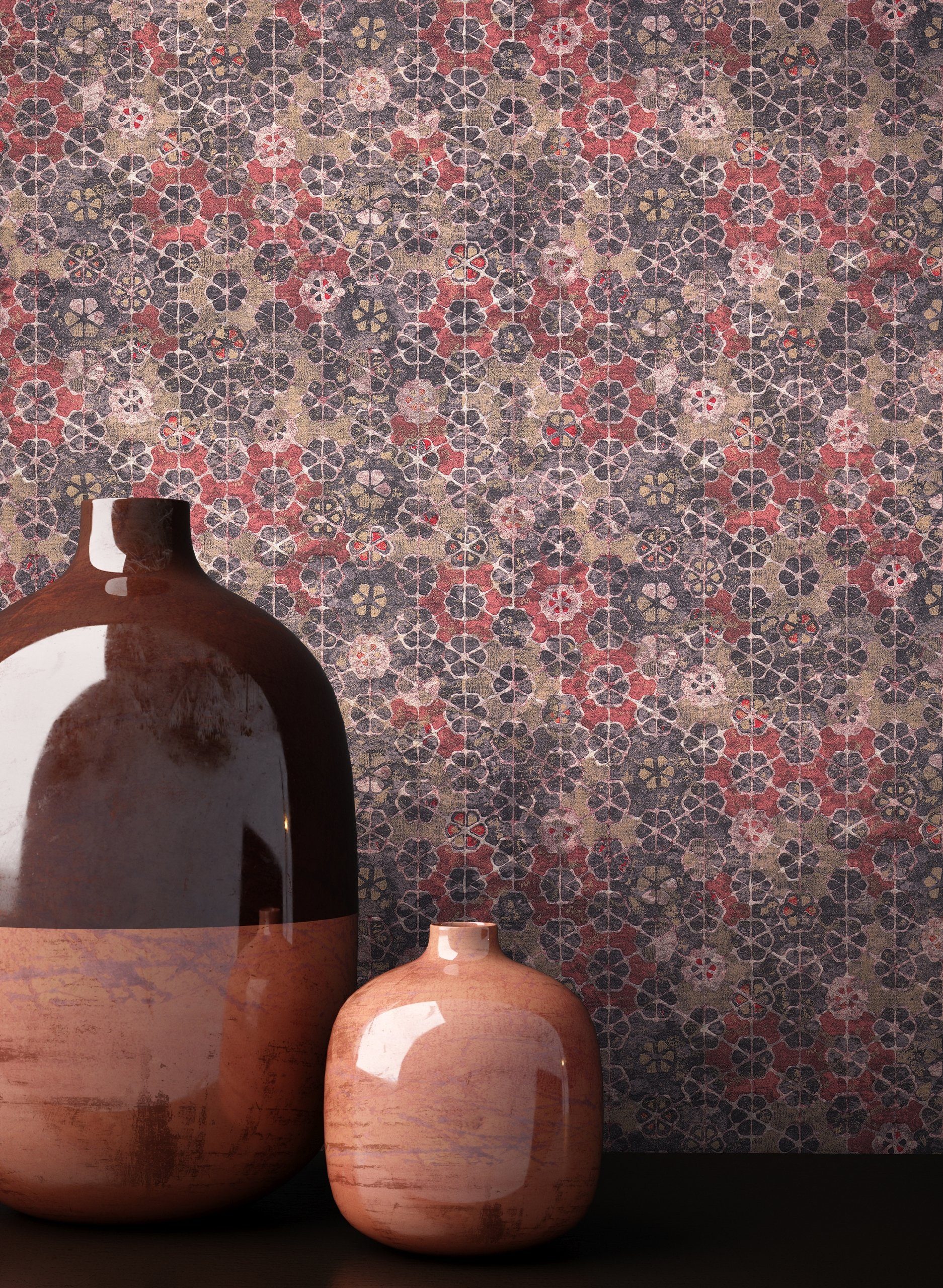 Newroom Vliestapete Muster1 Tapete Fliesenoptik Mosaik,Fliesen,Blumen, Rot Tapete Mosaik Vintage - Fliesenoptik Mustertapete Braun Rosa Fliesen Floral für Schlafzimmer Wohnzimmer Küche, Mustertapete