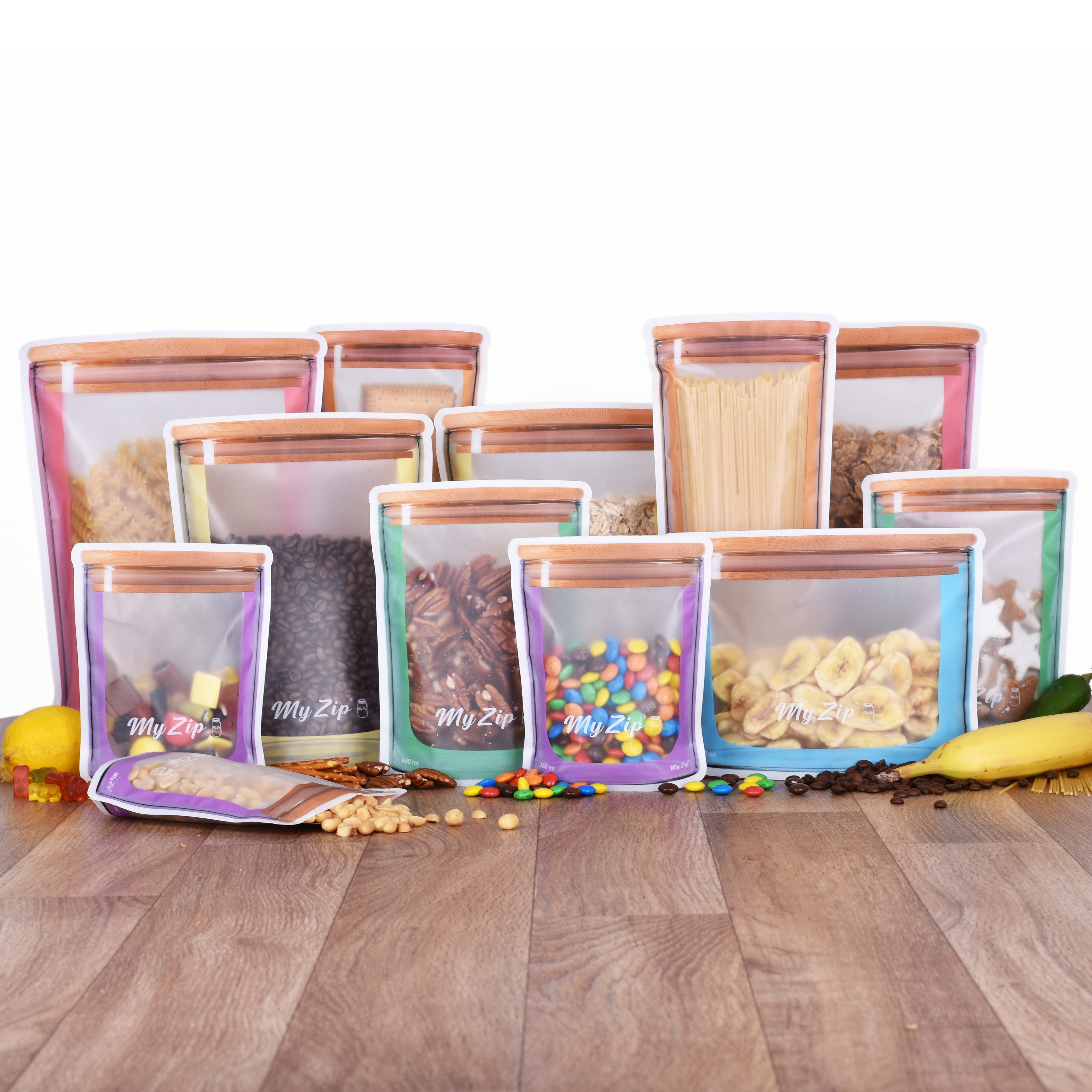 MYZIP Aufbewahrungssystem MyZip Beutel Bunte Edition: Wiederverwendbare Lebensmittelbeute, (Spar-Set, 18-tlg., Größen: S, M, Breit, L, Lang, XL, 350 ml bis 2700ml), 6 Größen in 6 Farben, Standboden, BPA-frei, spülmaschinengeeignet