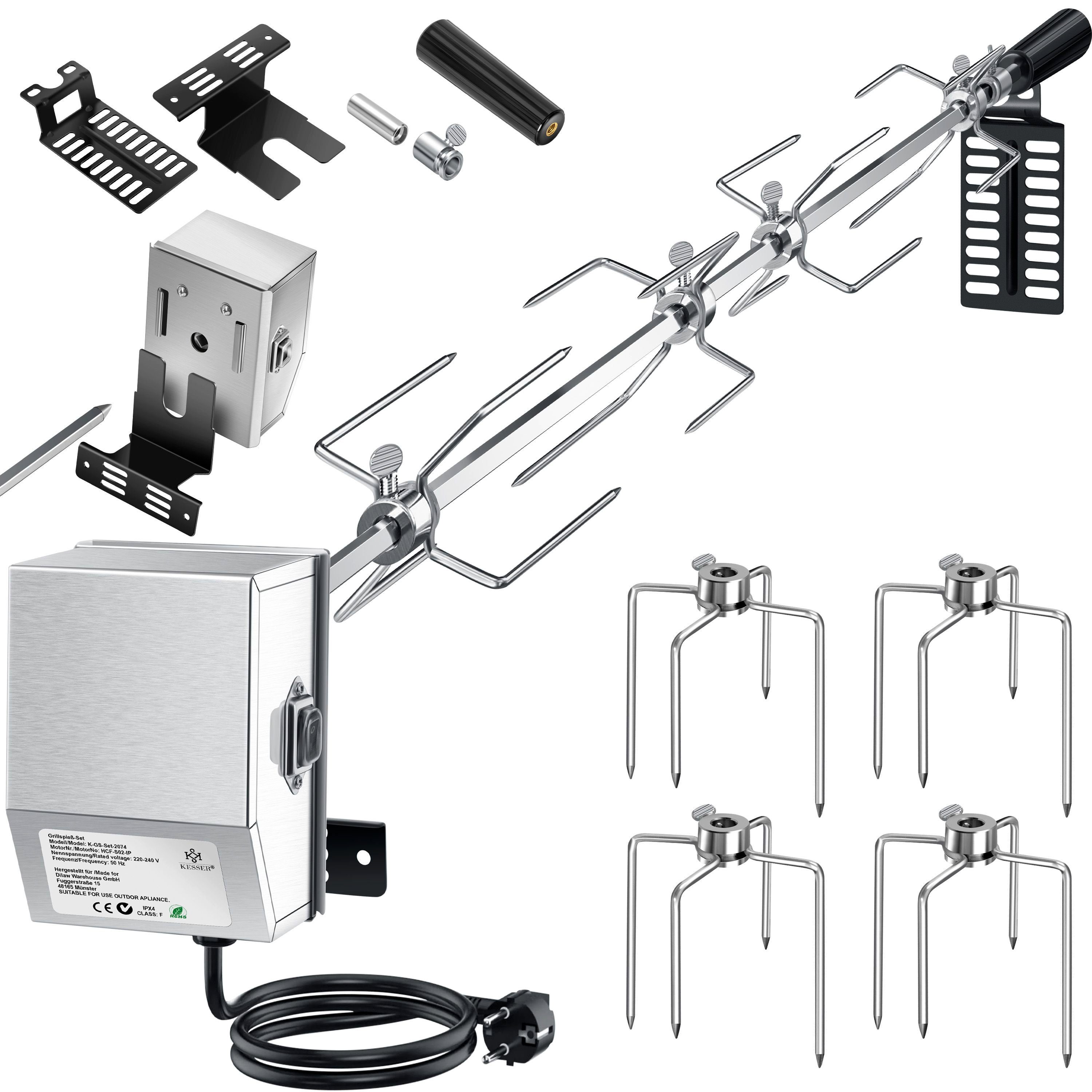 KESSER Grillspieß Set 116cm – Motor, 4 Fleischgabeln, bis 25kg Tragkraft, Für Gas-, Kohle- & Smokergrills, hitzefester Griff, ruckelfrei