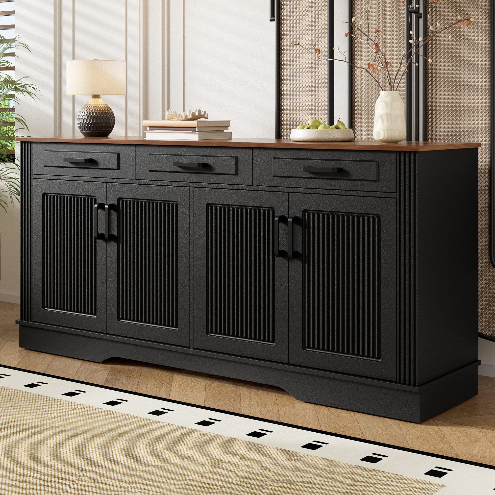 Merax Sideboard mit 3D vertikalen Rillen, Wohnzimmerschrank Schrank (1 St), Kommode mit 3 Schubladen, 4 Türen & Stauraum, 160x40x75cm