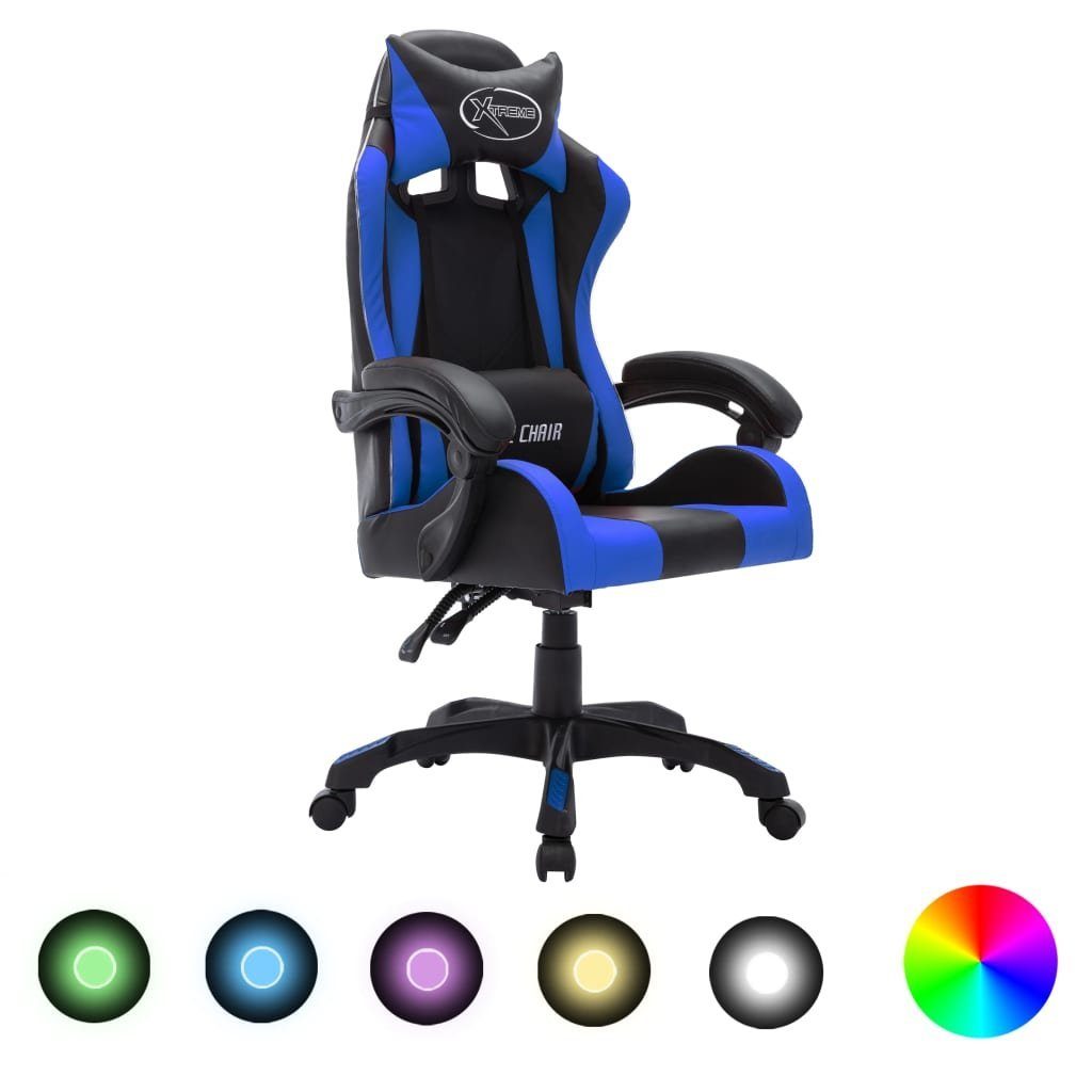 (1 St) Blau Gaming-Stuhl und Bürostuhl Kunstleder furnicato LED-Leuchten Schwarz RGB mit