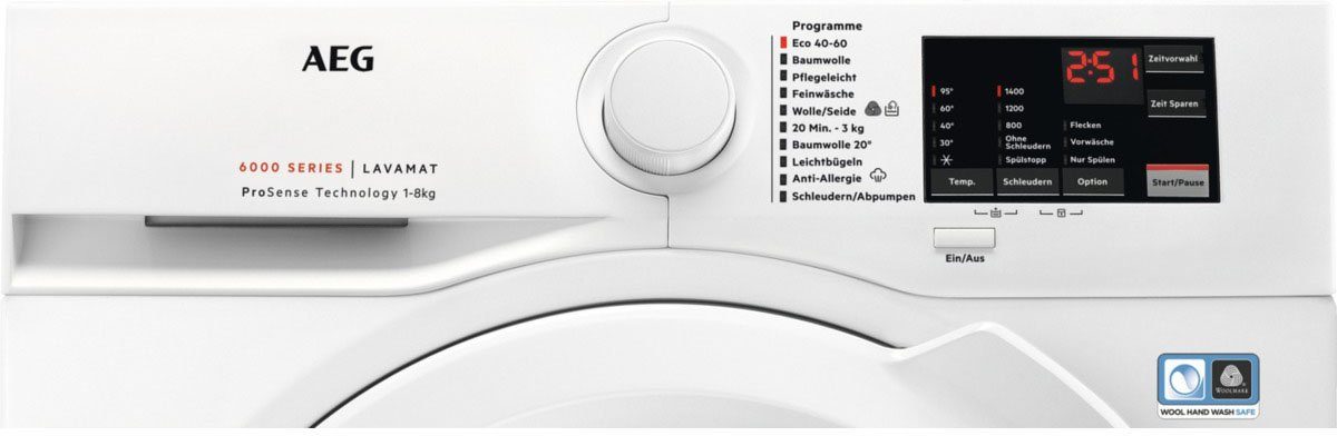 914913590, L6FBA51480 Anti-Allergie 8 mit Programm kg, AEG Hygiene-/ Dampf Waschmaschine U/min, 1400