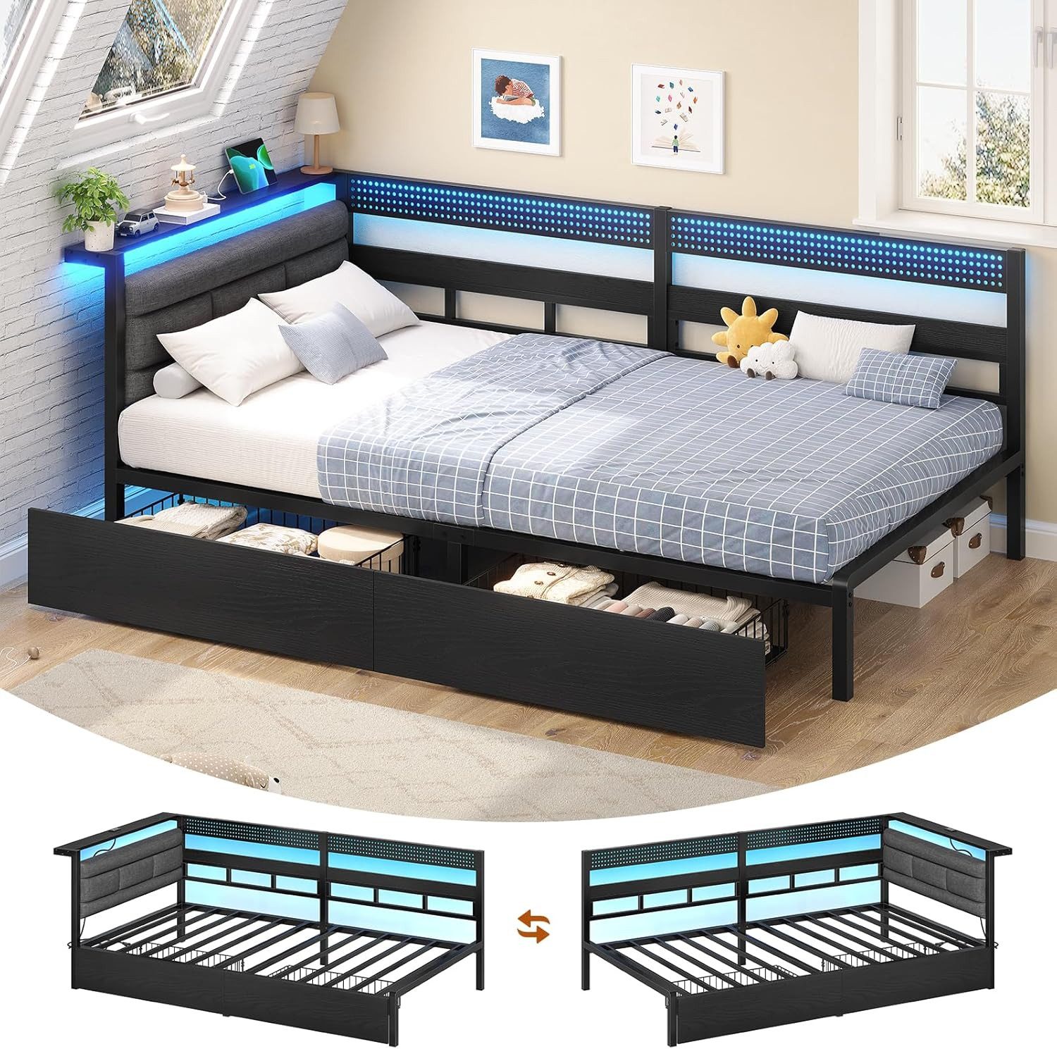 KIMENICH Daybett Schlafsofa mit LED-Beleuchtung, Ladestation und 2 Schubladen (1 tlg), Polsterbett Jugendbett 90x200 cm