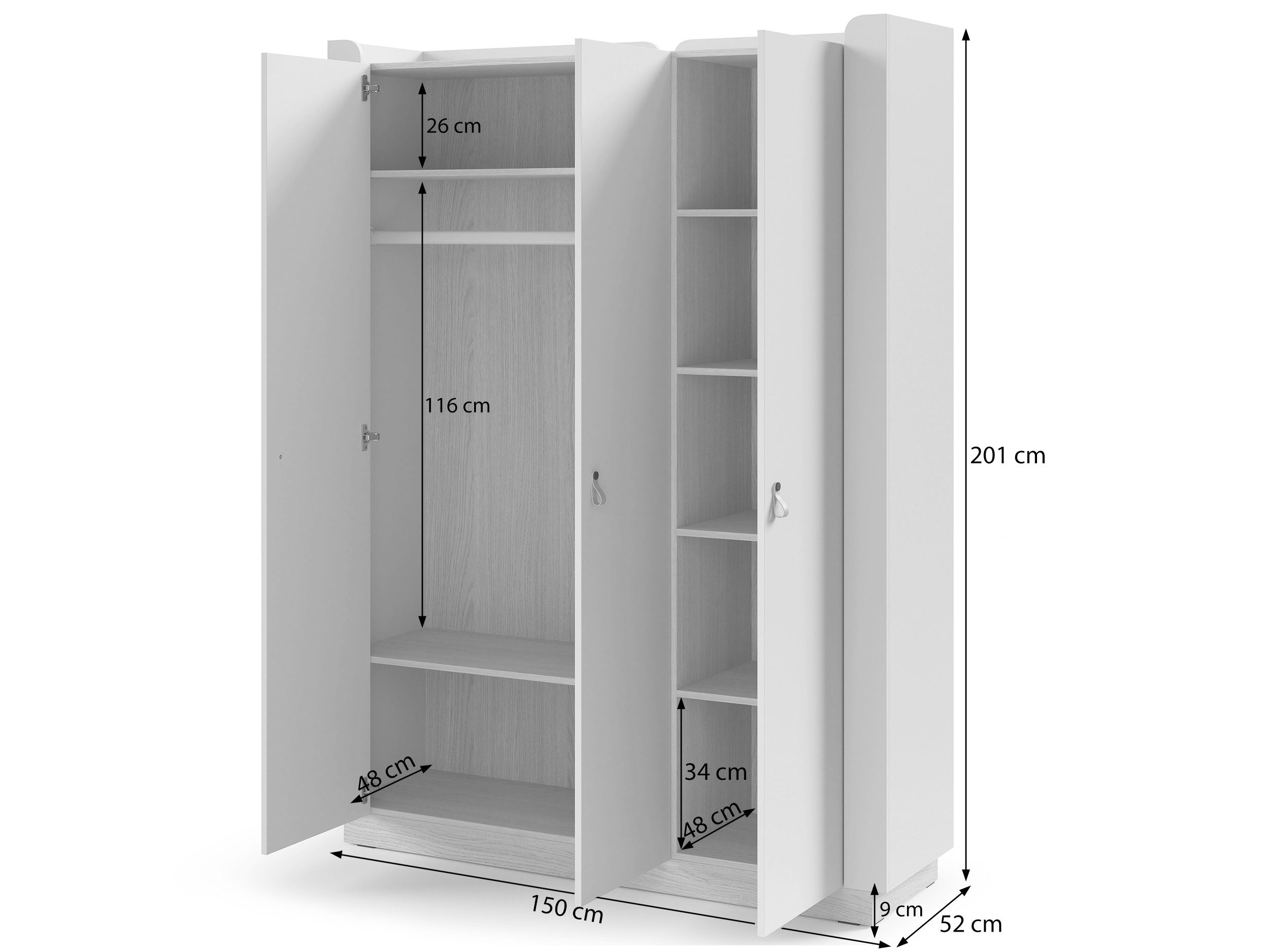 Beautysofa Kleiderschrank SORELLA 3-türig, 150 cm (moderner Garderobenschrank mit Kleiderstange und Einlegeböden, Schlafzimmerschrank mit Designergriffen aus Leder) Porcini oder Macadamia mit Eiche Mavelie