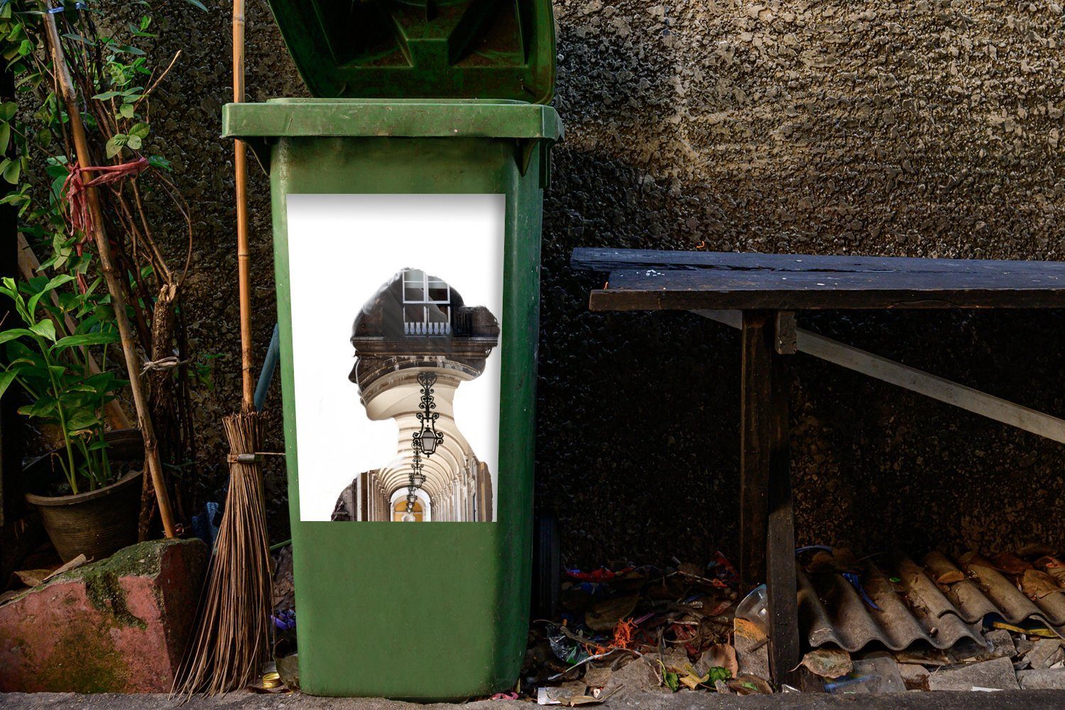 St), MuchoWow Doppelbelichtung Mülltonne, Korridor und Frau Container, Sticker, Wandsticker Abfalbehälter von Mülleimer-aufkleber, (1