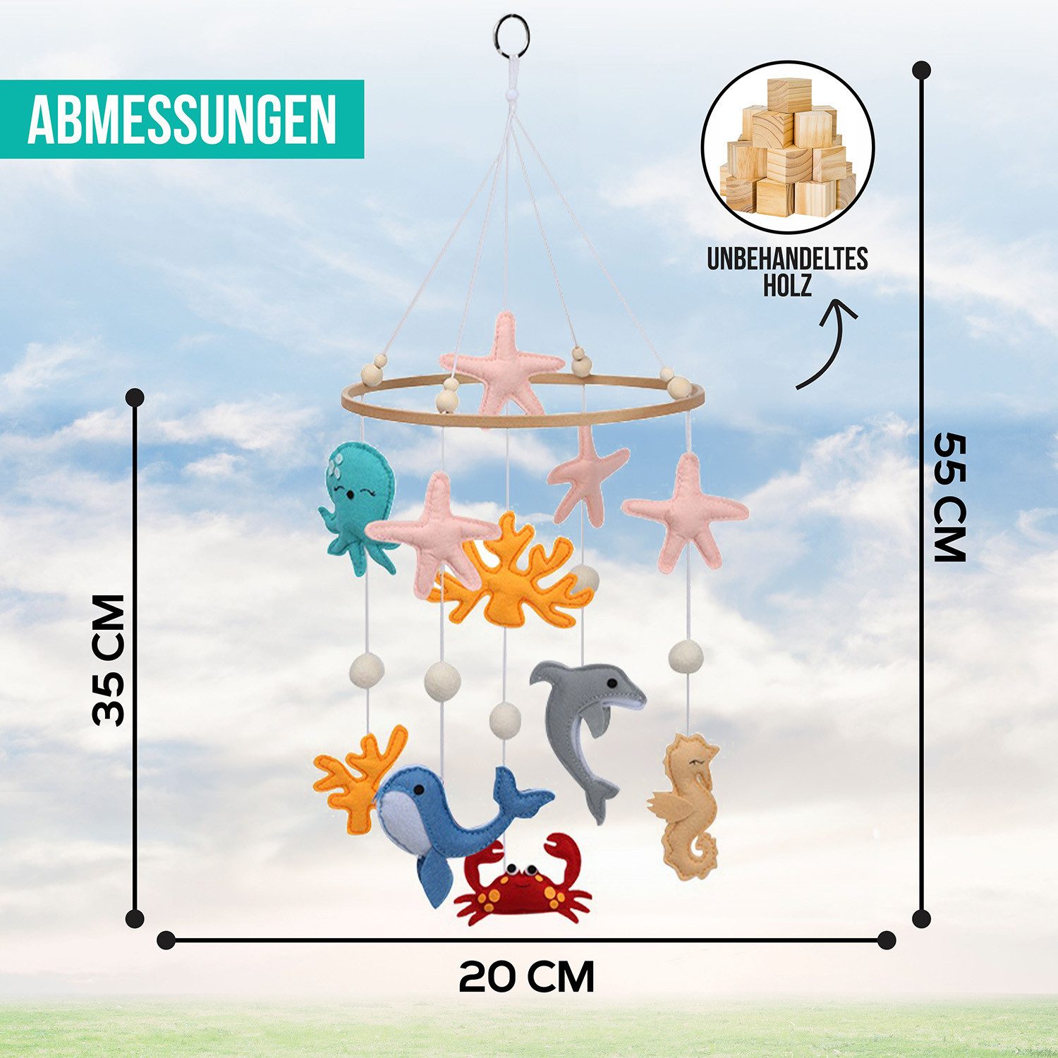 wortek Babymöbel-Set Baby Mobile Windspiel zum Aufhängen Ozean Welt, (Set, 1-tlg., Kinderbett, Wickelkommode, Decke Kinderzimmer), Babymobile Bettglocke Babyzimmer Bett Baby Windspiel