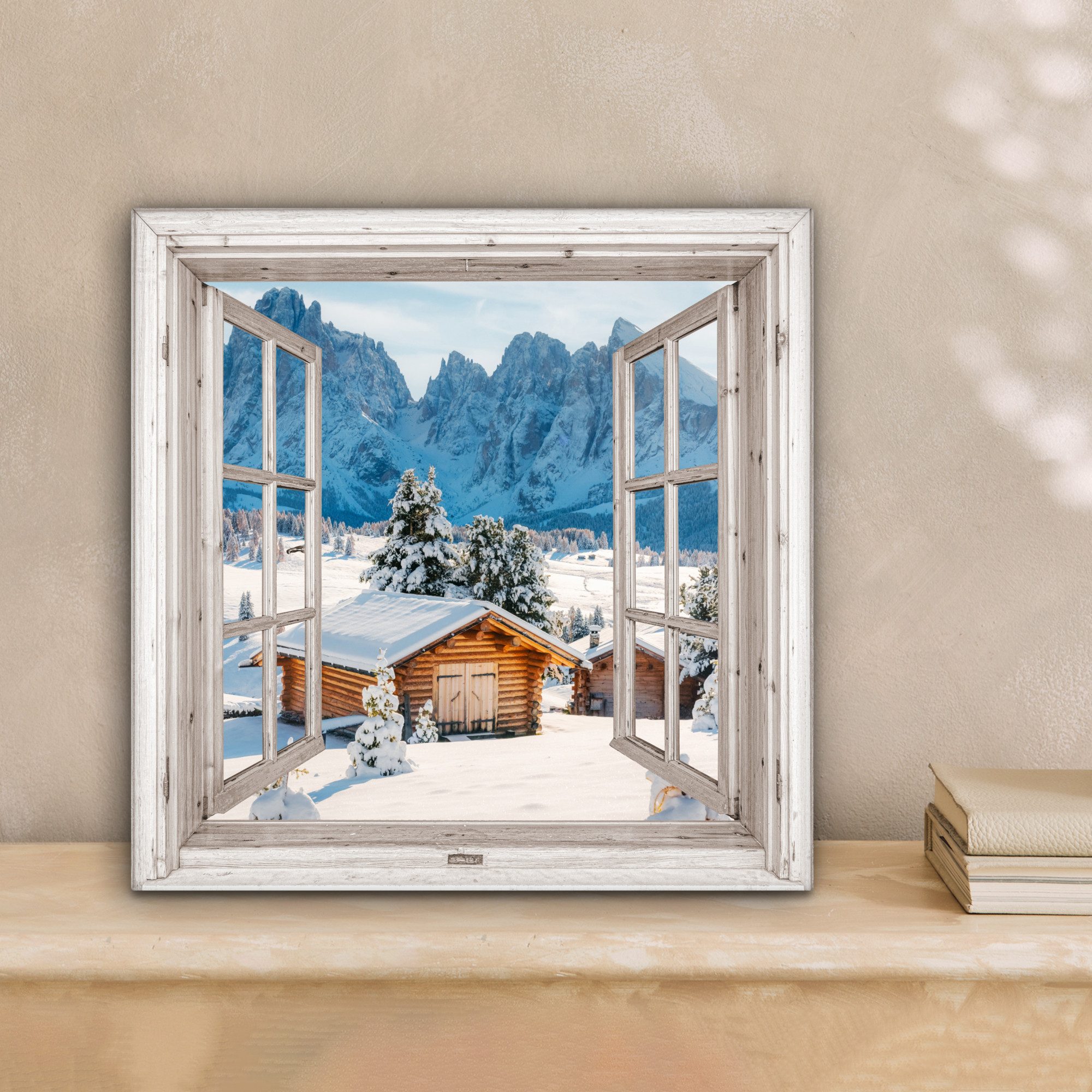 OneMillionCanvasses® Leinwandbild Winterlandschaft - Hütte - Berge - Ausblicke - Aussicht - Natur, Fotodruck (1 St), Wandbild, Deko Schlafzimmer Wohnzimmer Flur 20x20 cm