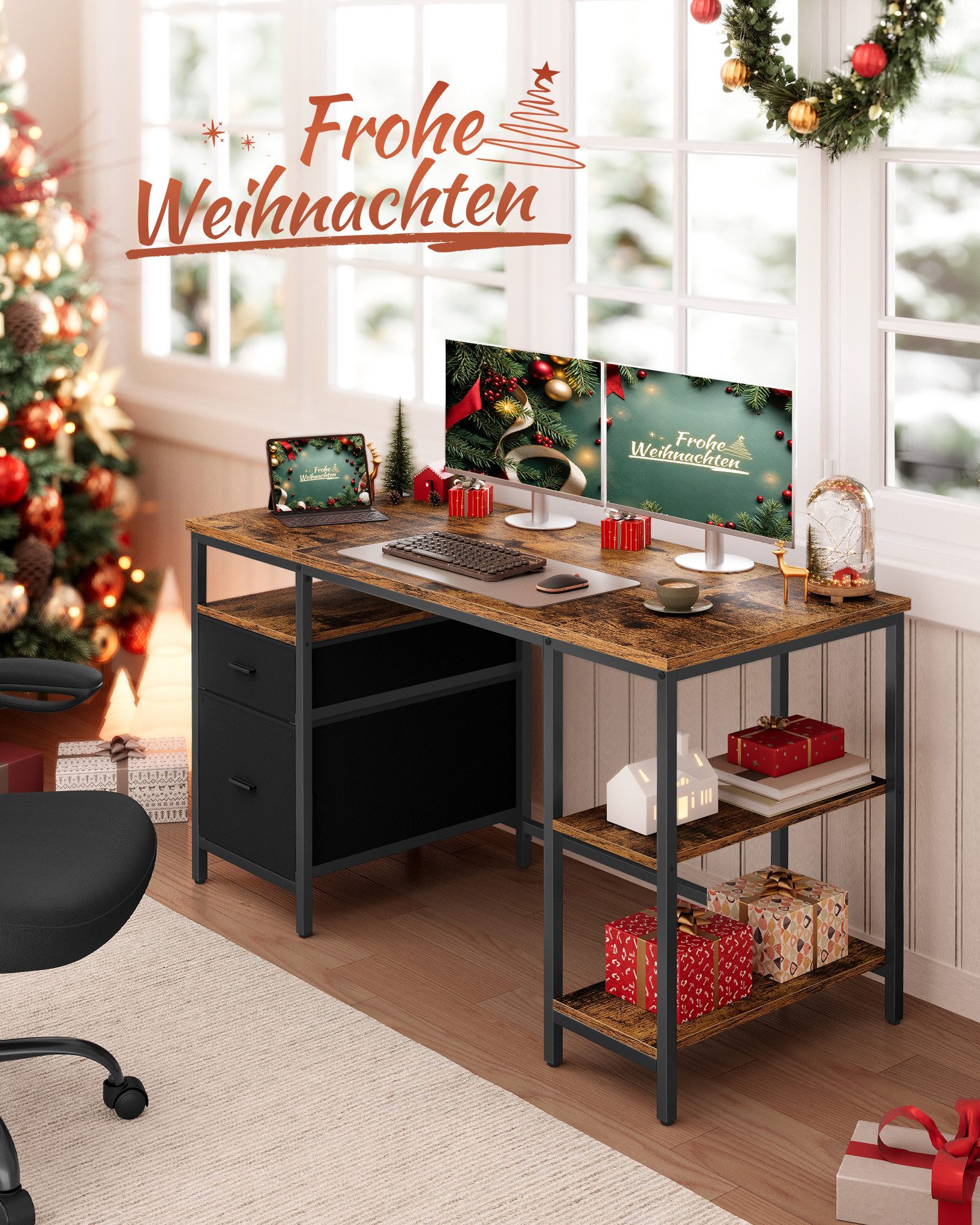 VASAGLE Schreibtisch Computertisch, Bürotisch, mit 3 Ablagen, 2 Schubladen, günstig online kaufen