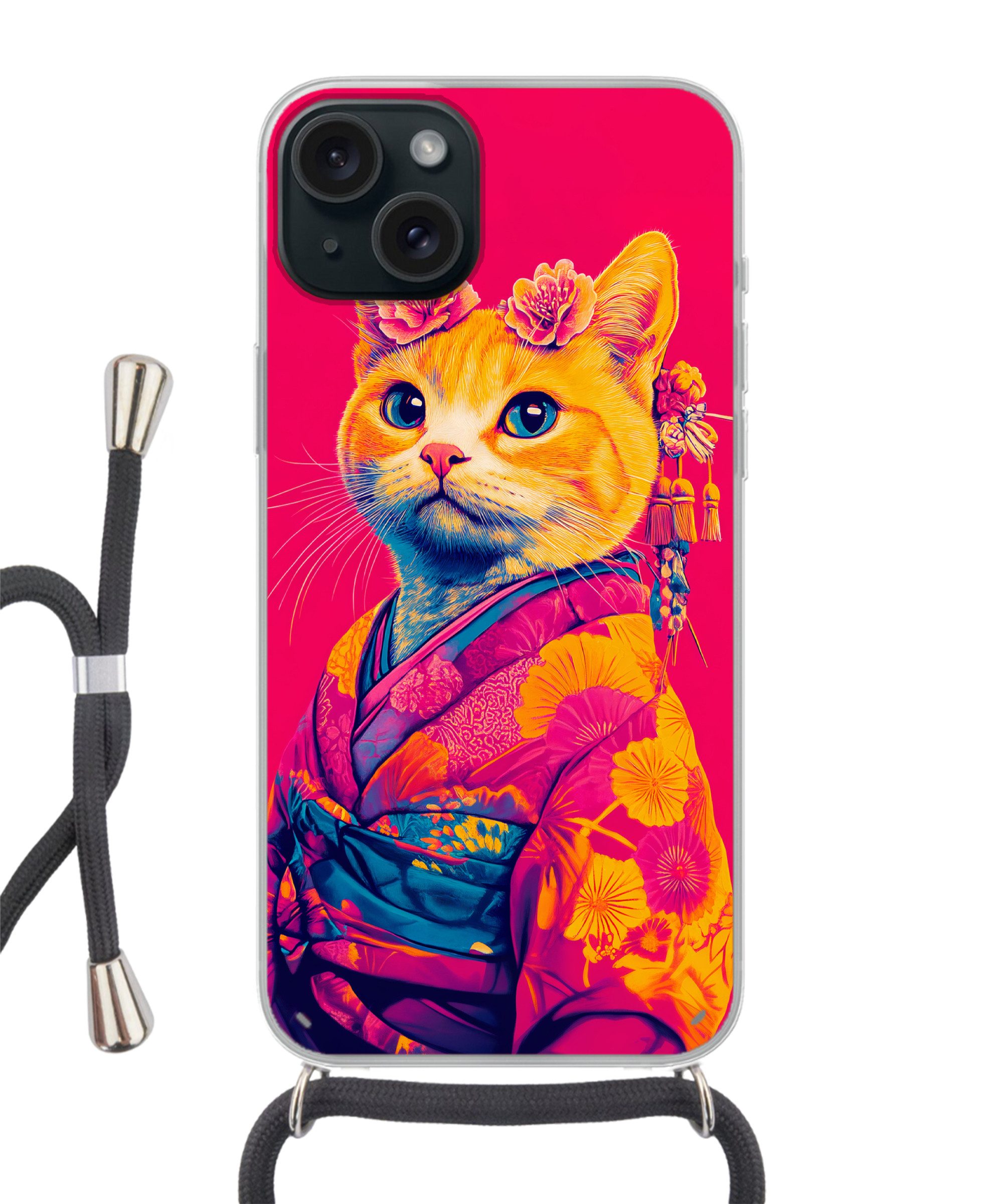 MuchoWow Handyhülle für Apple iPhone 15 Plus Katze - Kimono - Blumen - Rosa, Tragbare Handyhüllen mit Kette zum umhängen, Handykette Handyband