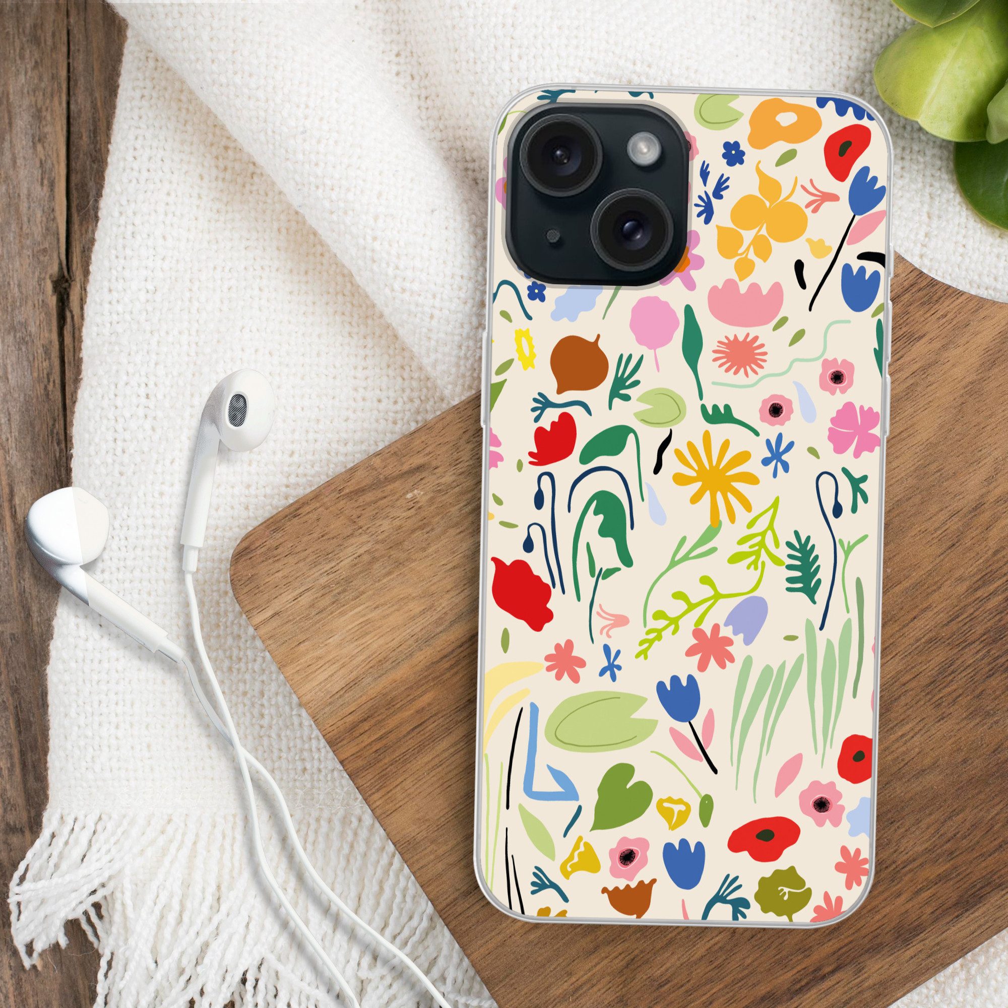 MuchoWow Handyhülle für Apple iPhone 15 Blumen - Muster - Pflanzen, Smartphone-Bumper, Print, Handy Schutzhülle Dünn
