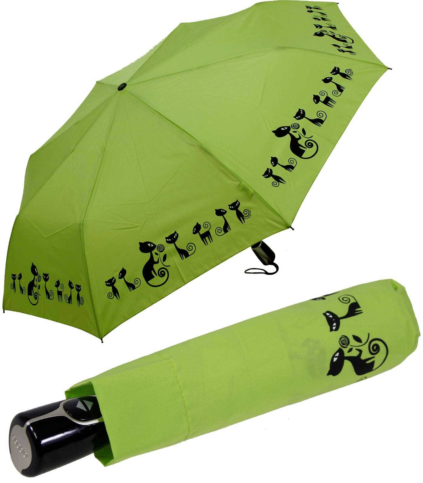 doppler® Taschenregenschirm Damen Auf-Zu-Automatik Magic Fiber - Cats, für Katzen-Liebhaber - elegant, stabil und praktisch grün | Taschenschirme