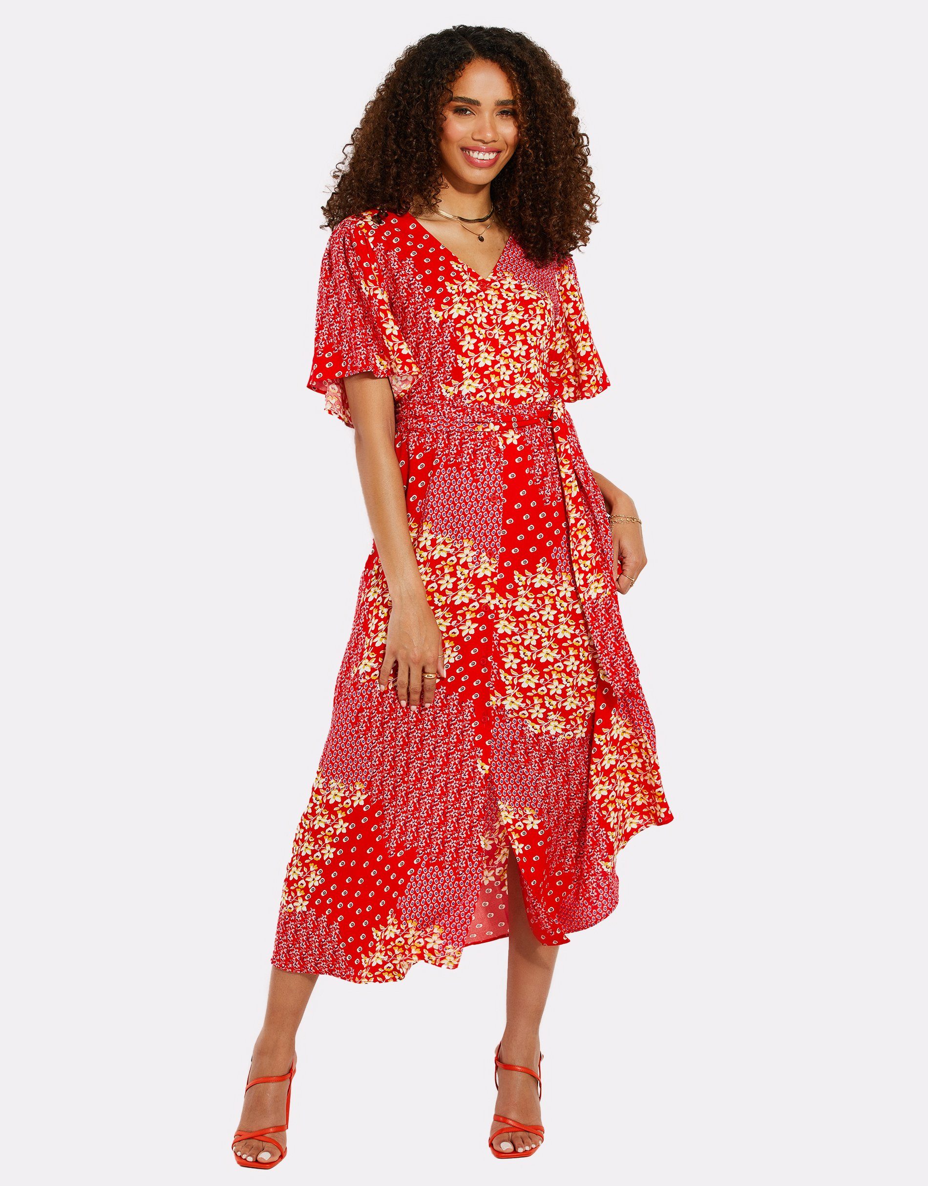 Threadbare Sommerkleid THB Fruit Pastill Midi Button Dress Rot / Weiß