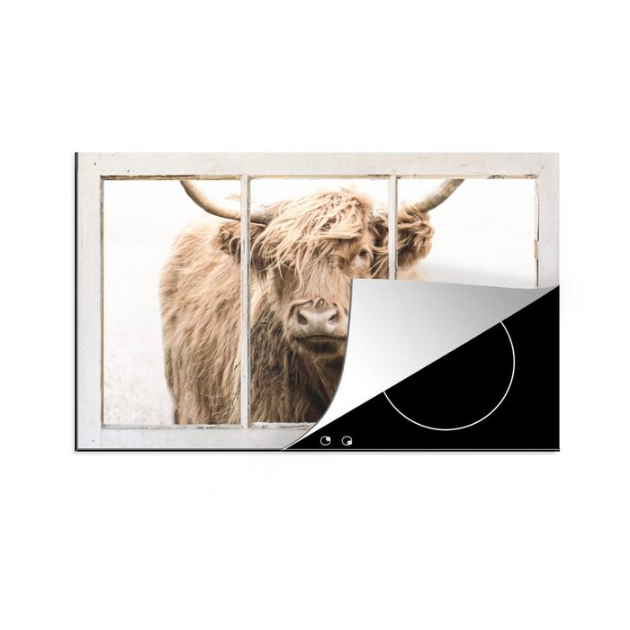 MuchoWow Herdblende-/Abdeckplatte Scottish Highlander - Ansicht - Nebel Vinyl (1 tlg) Ceranfeldabdeckung für die küche Induktionsmatte