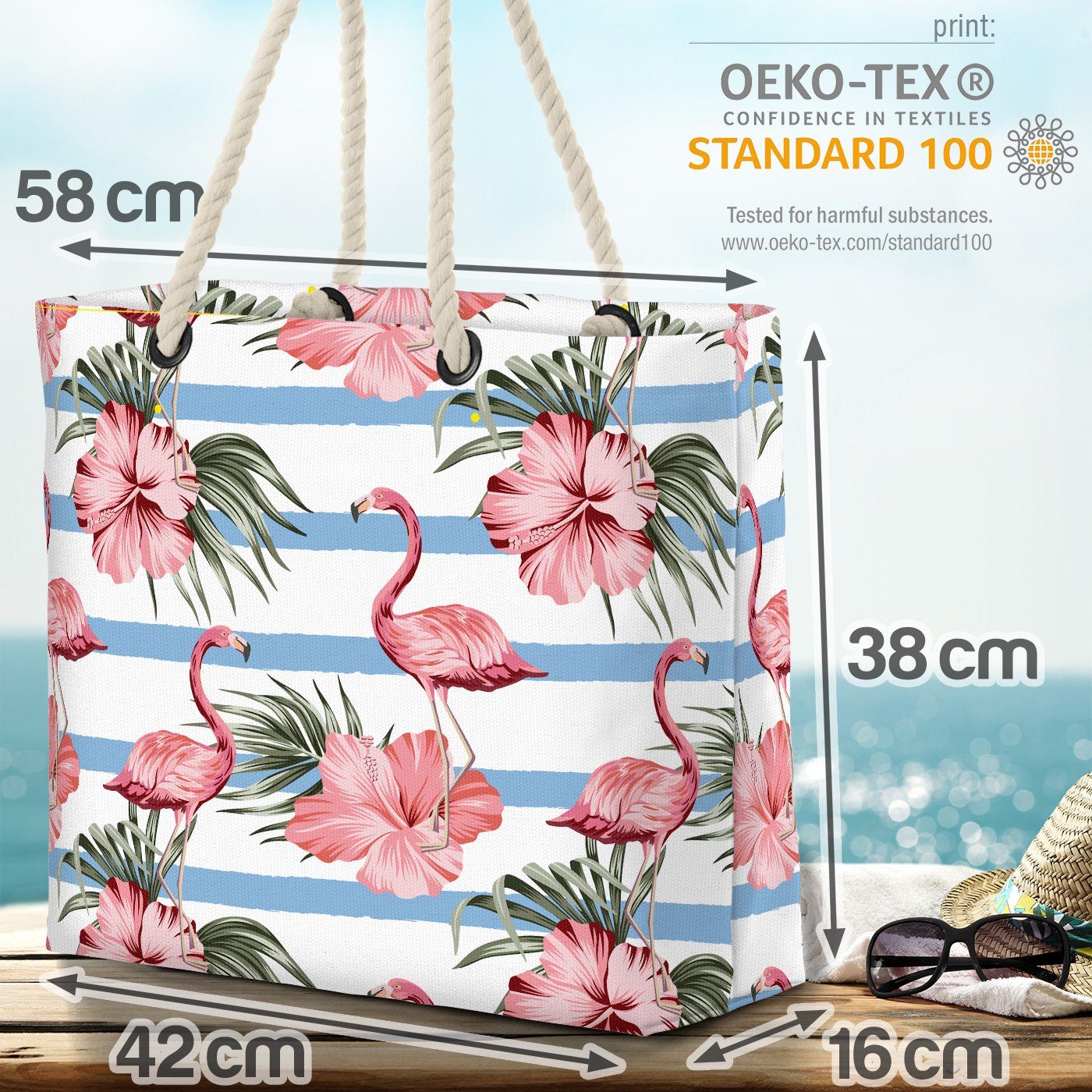 VOID Strandtasche (1-tlg), Nord Blumen-Muster Palmen Ost-See Beach Flamingos maritim Bag Hibiskus Floral