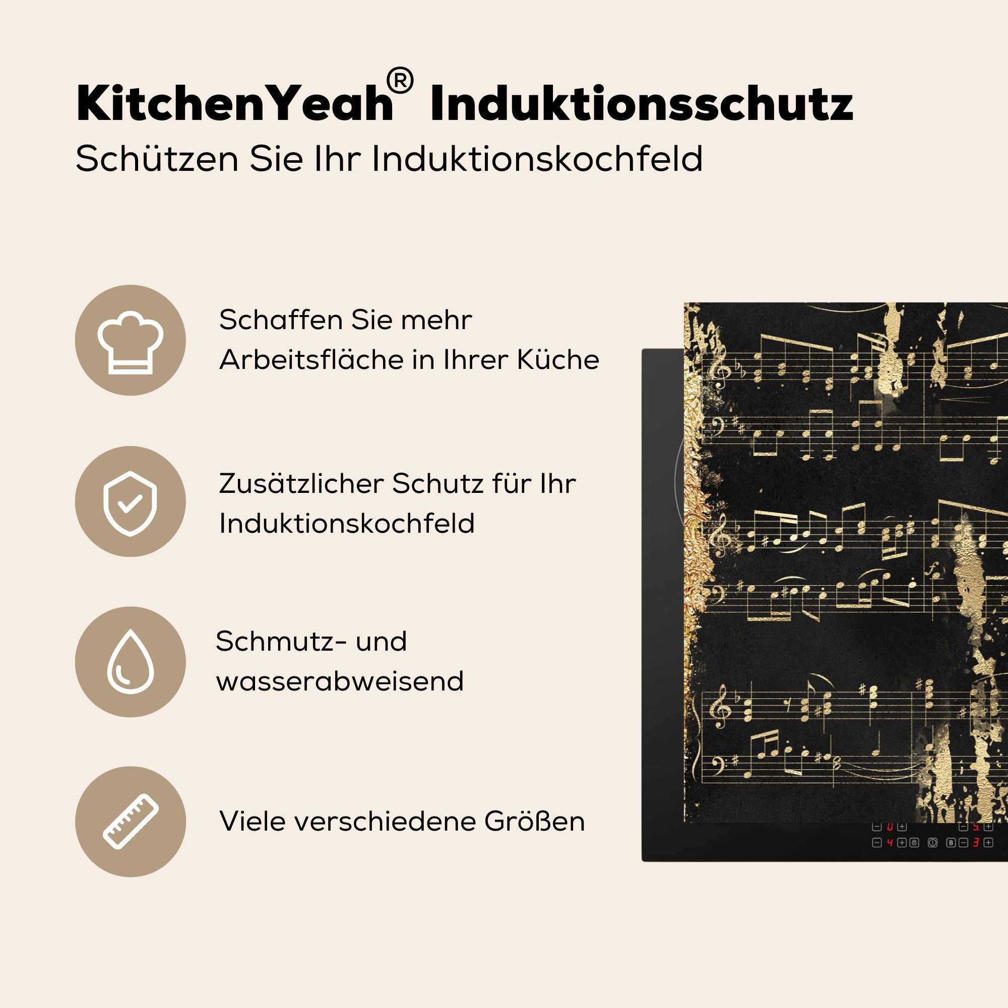 Herdblende-/Abdeckplatte - tlg), Schwarz, küche, für Induktionskochfeld MuchoWow Gold Ceranfeldabdeckung cm, (1 die Musik 81x52 - Vinyl, Schutz