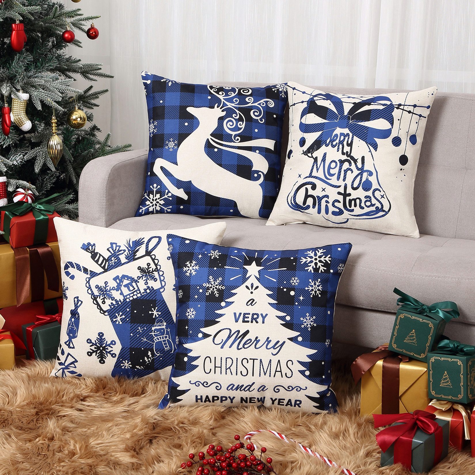 GarveeMore Kissenbezug 4er Set Blau Weihnachten Dekokissen Kissenhülle 45x4 günstig online kaufen