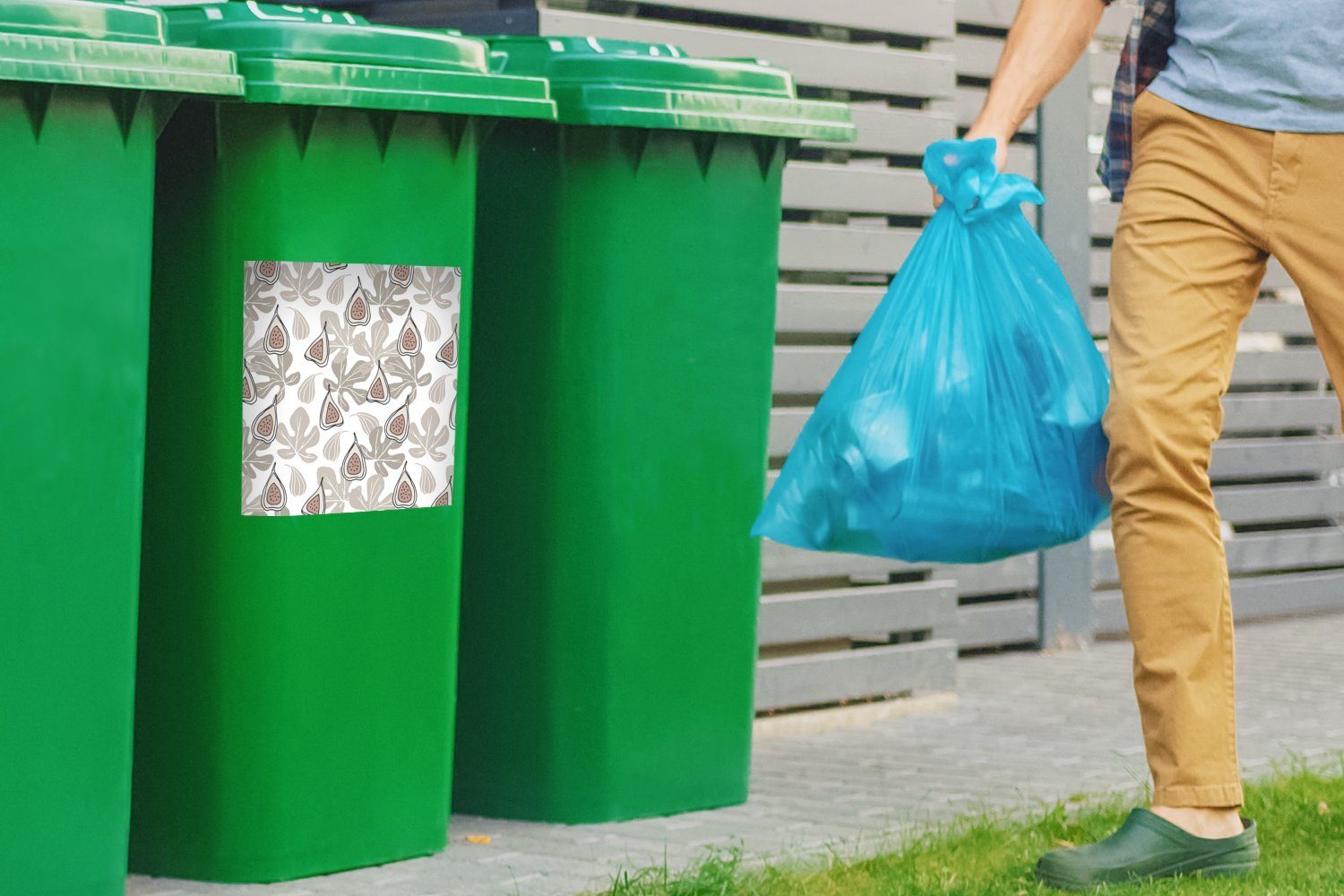 St), Sommer Mülltonne, - Wandsticker (1 - Sticker, Weiß Container, MuchoWow - Mülleimer-aufkleber, Blätter Abfalbehälter Feigen