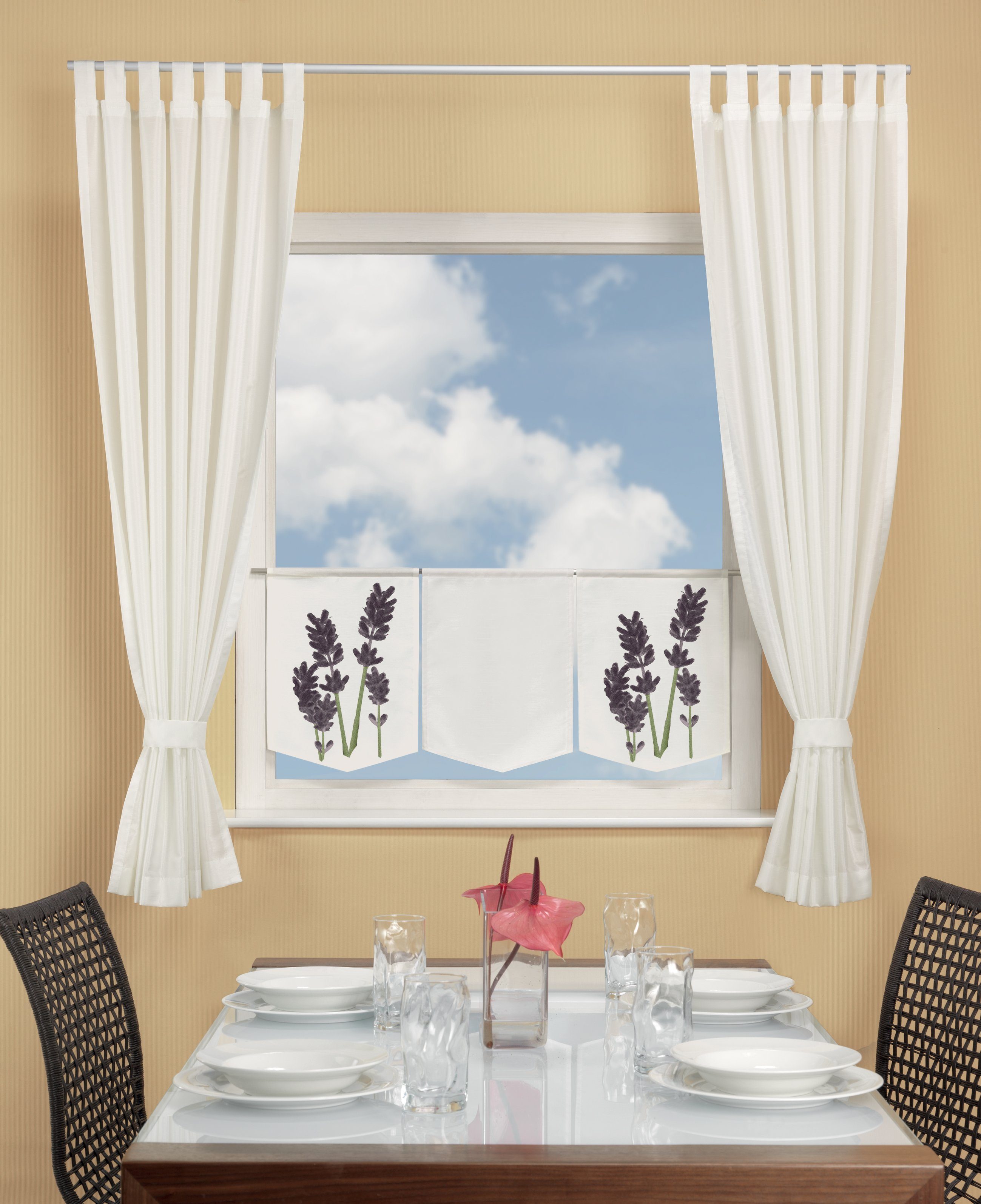 Lavendel, 2x halbtransparent Scheibengardine Set 2er 2, x Set, 30cm Stück) Calypso halbtransparent, 45cm, Stangendurchzug Clever-Kauf-24, 1 Scheibengardine (2 Fensterbild (2 St),