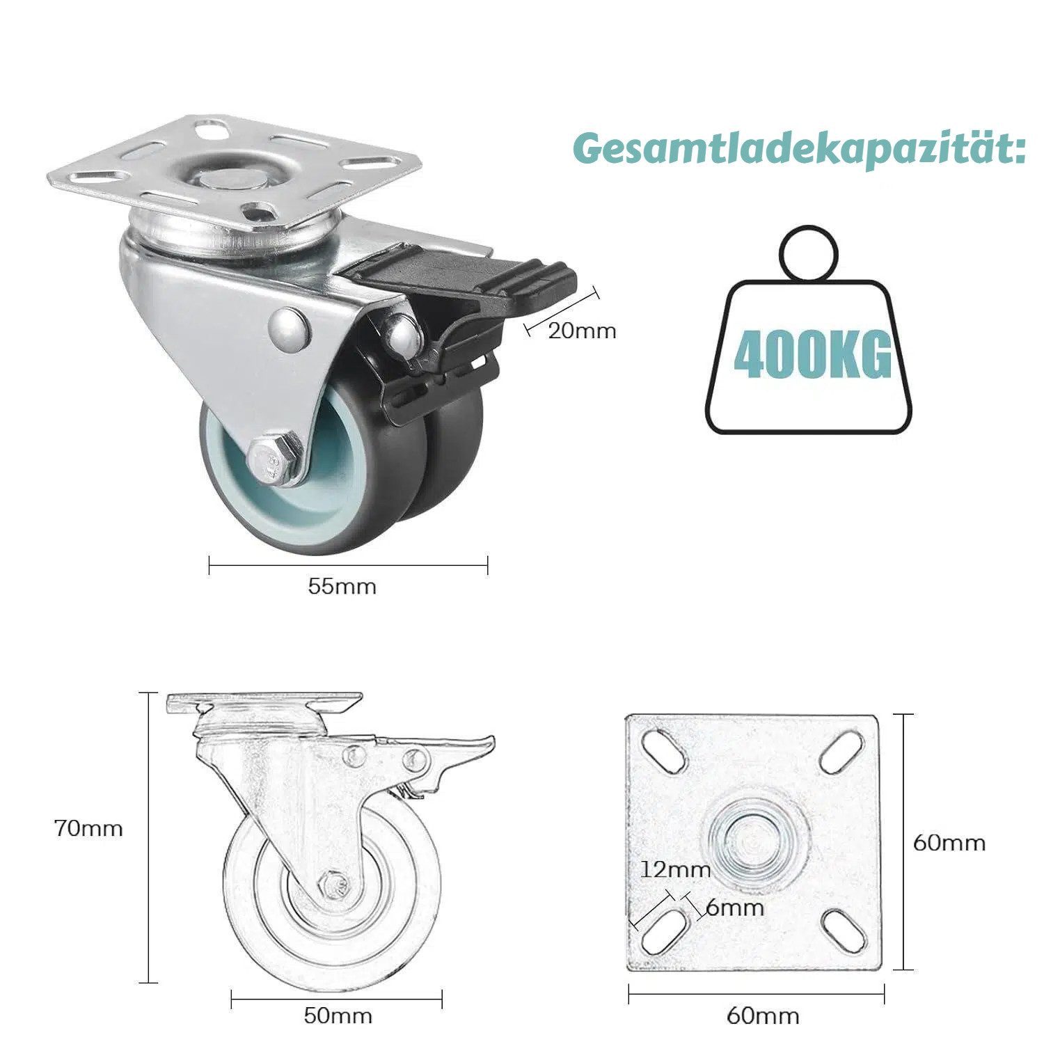 BlingBin Schwerlastrolle 4/8 Stücke 50mm Lenkrollen Doppelrollen Möbelrollen mit Bremse, (4er Set, 4-St., 4 Stück), Transportrollen 360° Drehbar Kein Geräusch für Wohn- und Büro