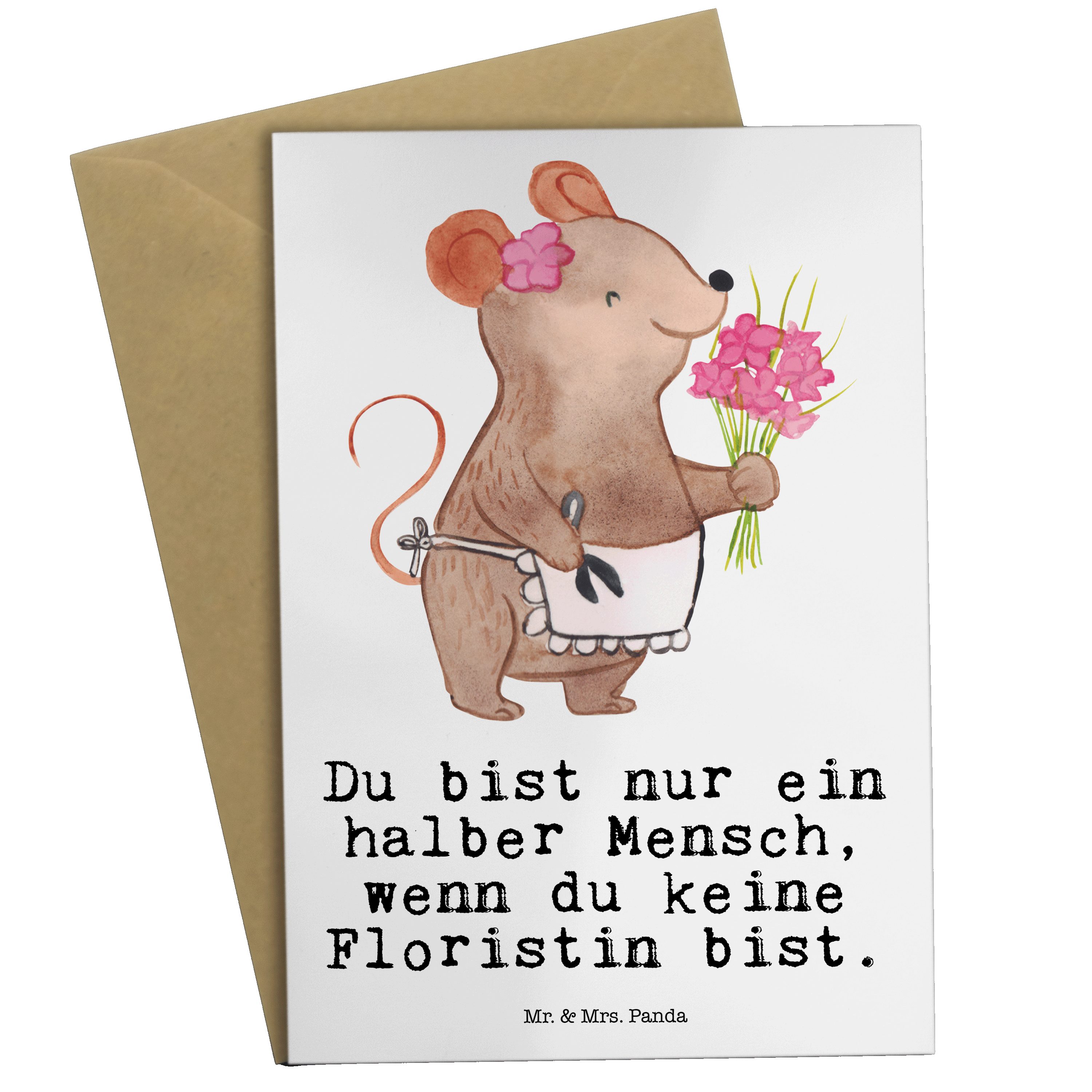 Panda Blumenhändlerin, Herz mit - Geschenk, - Floristin Einladungskart Mrs. Grußkarte & Weiß Mr.
