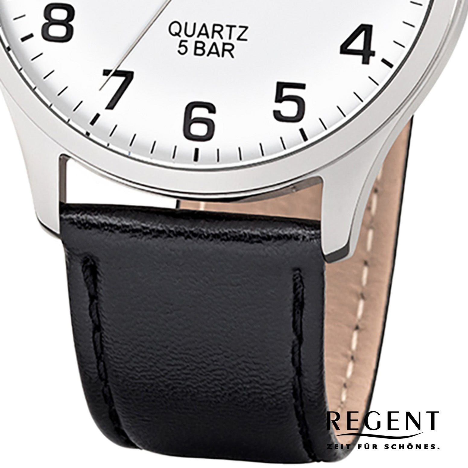 Regent schwarz rund, Quarzuhr Herren Regent Lederarmband Analog, (ca. 40mm), groß Armbanduhr Herren-Armbanduhr