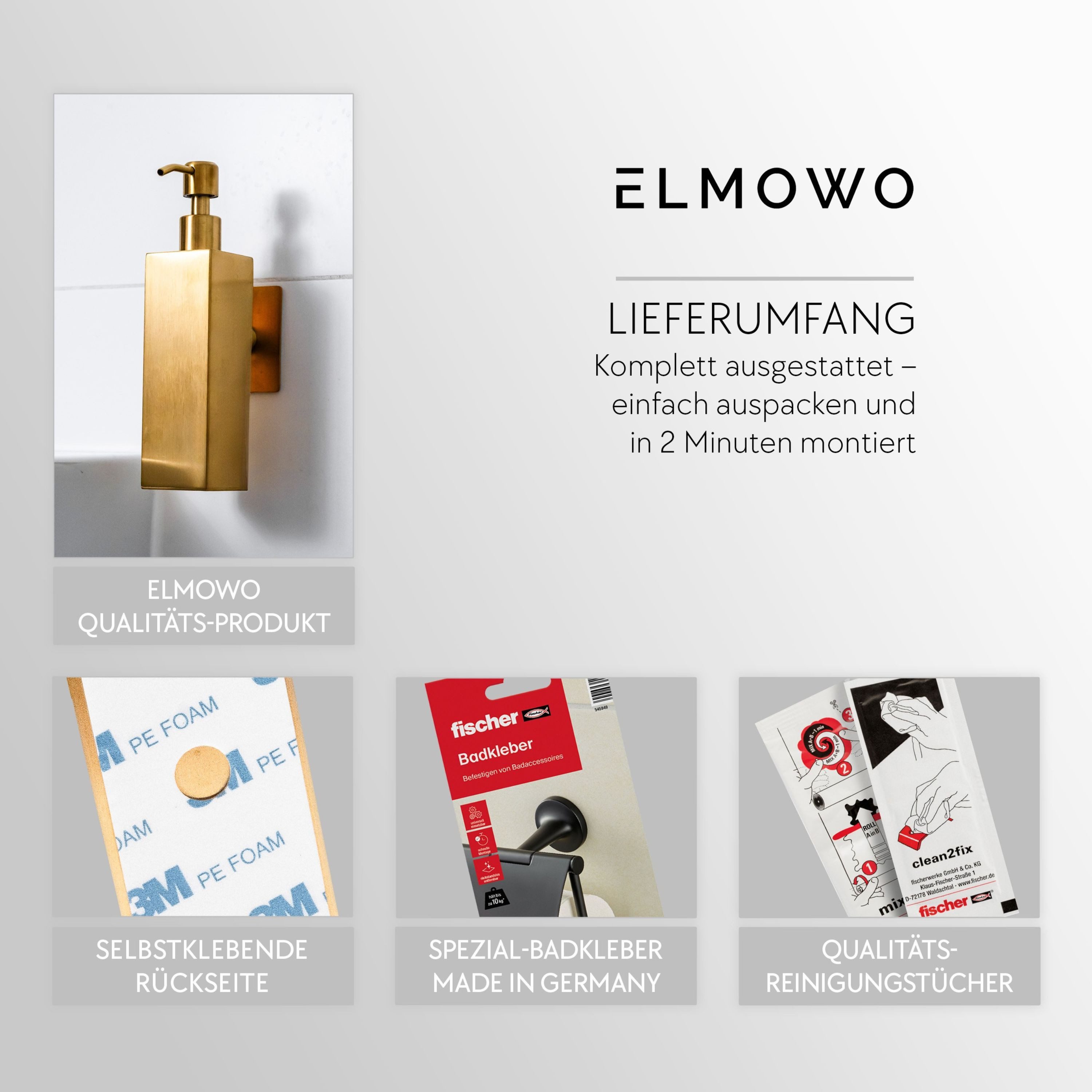 ELMOWO Seifenspender ohne Bohren 220ml Edelstahl für Wandmontage - Spender für Flüssigseife, (mit 3M-Klebefläche & Spezialkleber, für Wandbefestigung), für Badezimmer und Küche