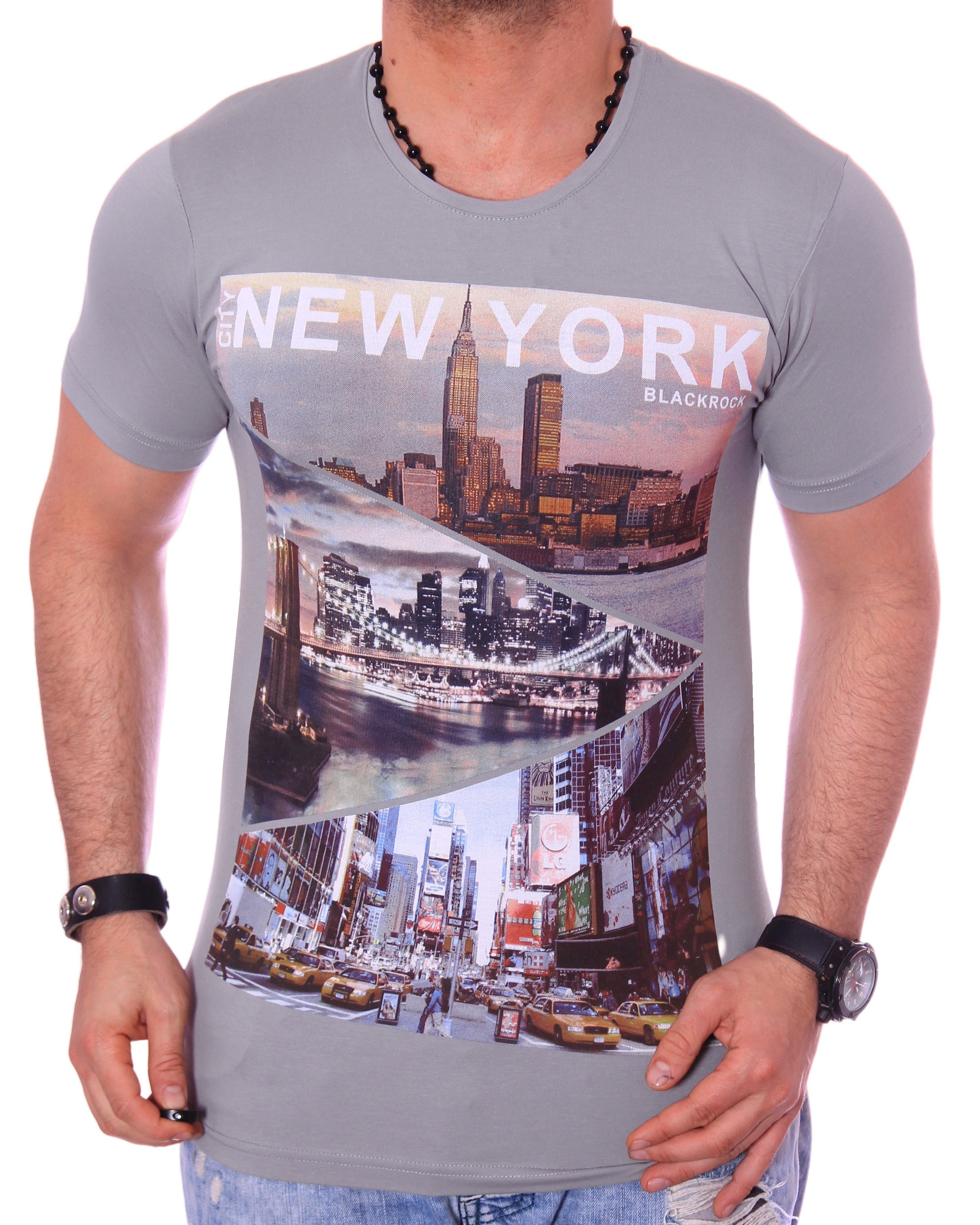 Urlaub Herren kurzarm Grau USA T-Shirt Rundhals New T-Shirt Slim-Fit bedruckt BLACKROCK Shirt Print Amerika York