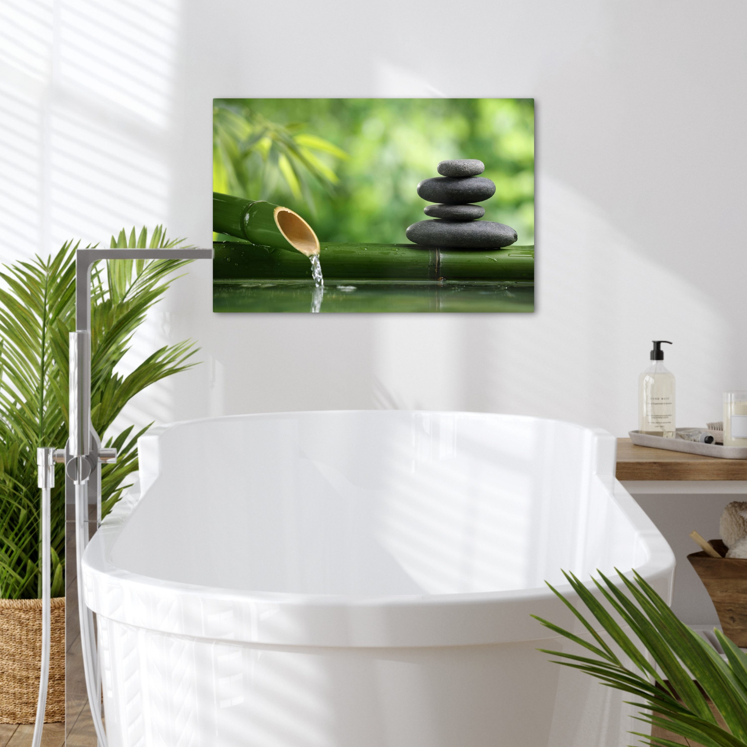 OneMillionCanvasses® Leinwandbild Zen - Stein - Grün - Natur - Bambus, Fotodruck (1 St), Badezimmer Deko, Bilder WC, Badezimmerbilder 60x40 cm