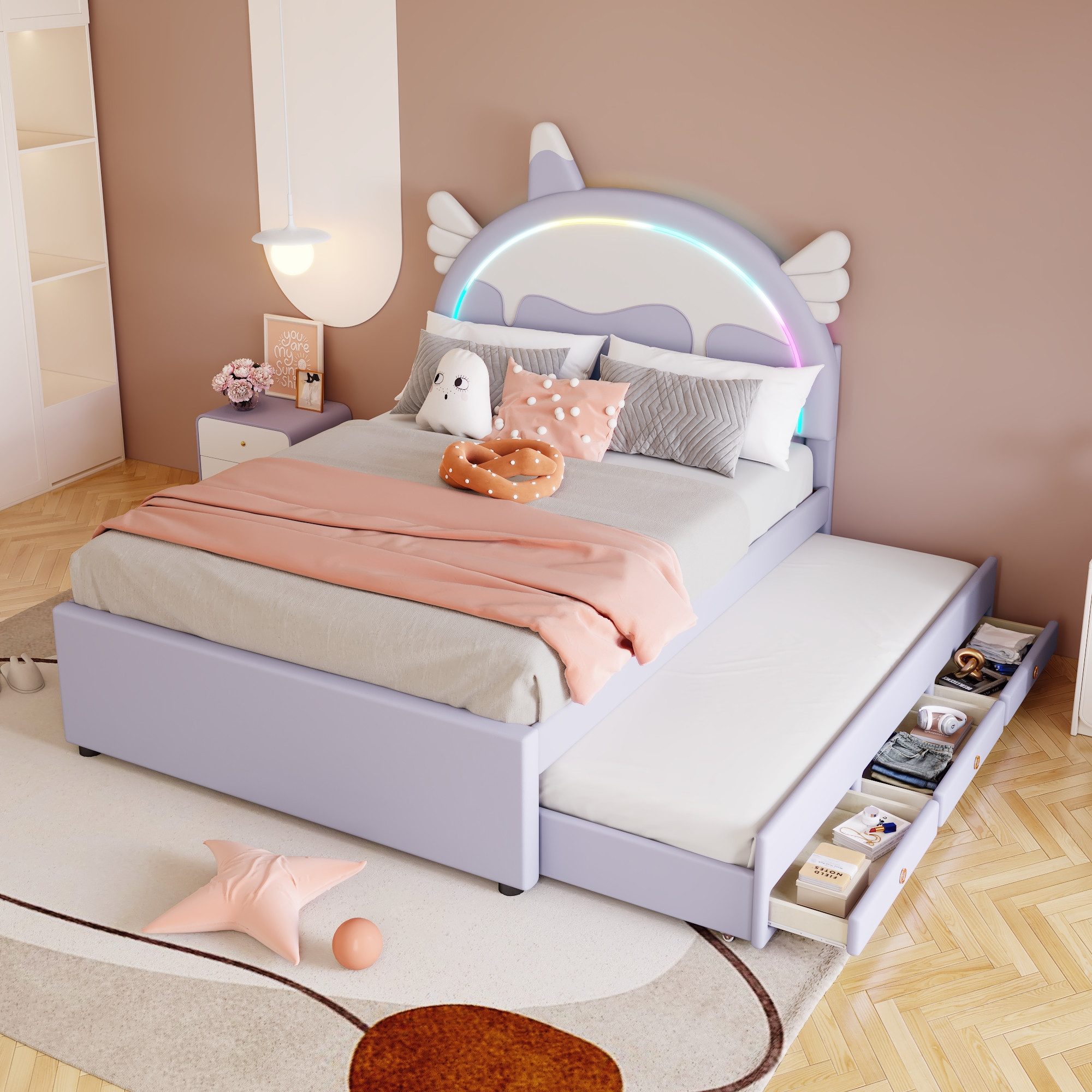 Polsterbett Cartoon Einhornform Kinderbett Familienbett Jugendbett, PU