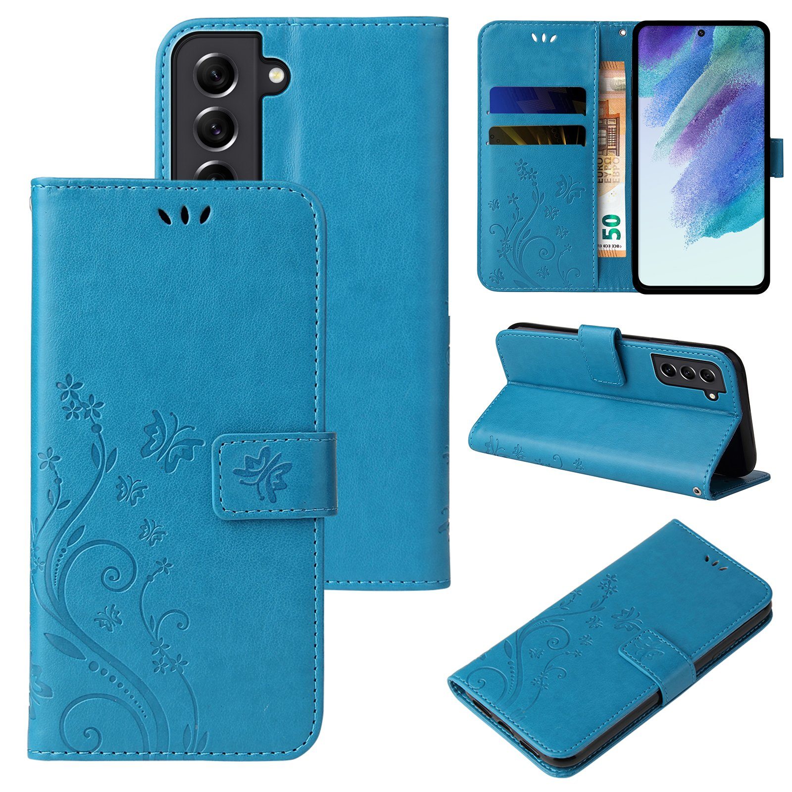 Tec-Expert Handyhülle Cover Tasche Hülle für Samsung Galaxy S21 FE 6,4 Zoll, Klapphülle Case mit Kartenfach Fliphülle aufstellbar, Motiv Blumen