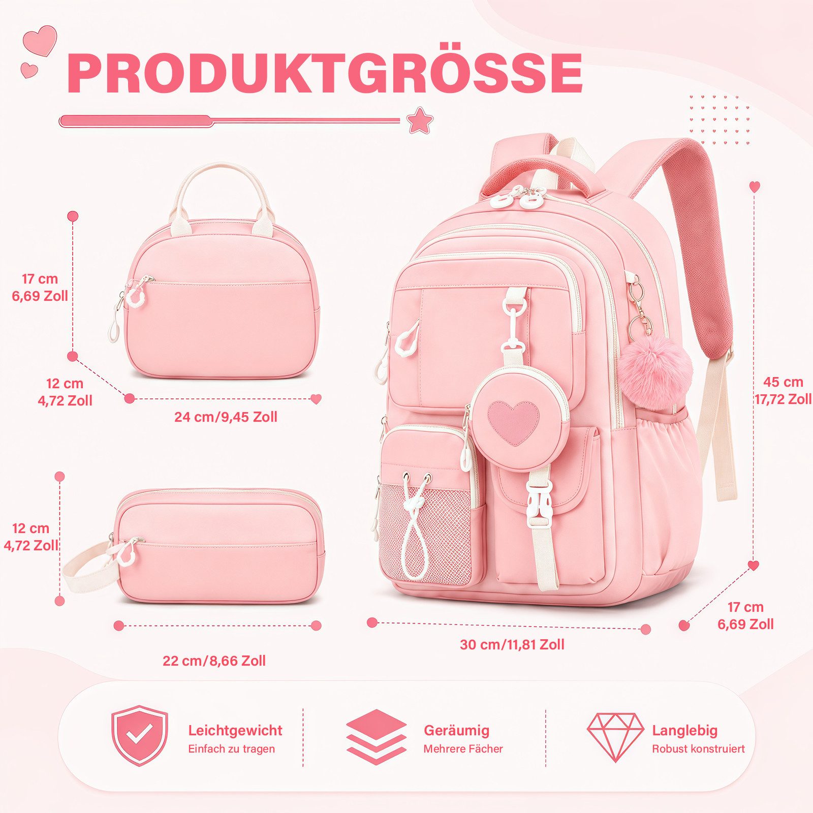 MOPUEA Schulrucksack Schulrucksack Set 3-tlg Wasserabweisend Ergonomisch mit Viele Fächer (3-teiliges Schulrucksack Set für Schule und Freizeit, 3-teiliges Schu – Bild 5 von 5