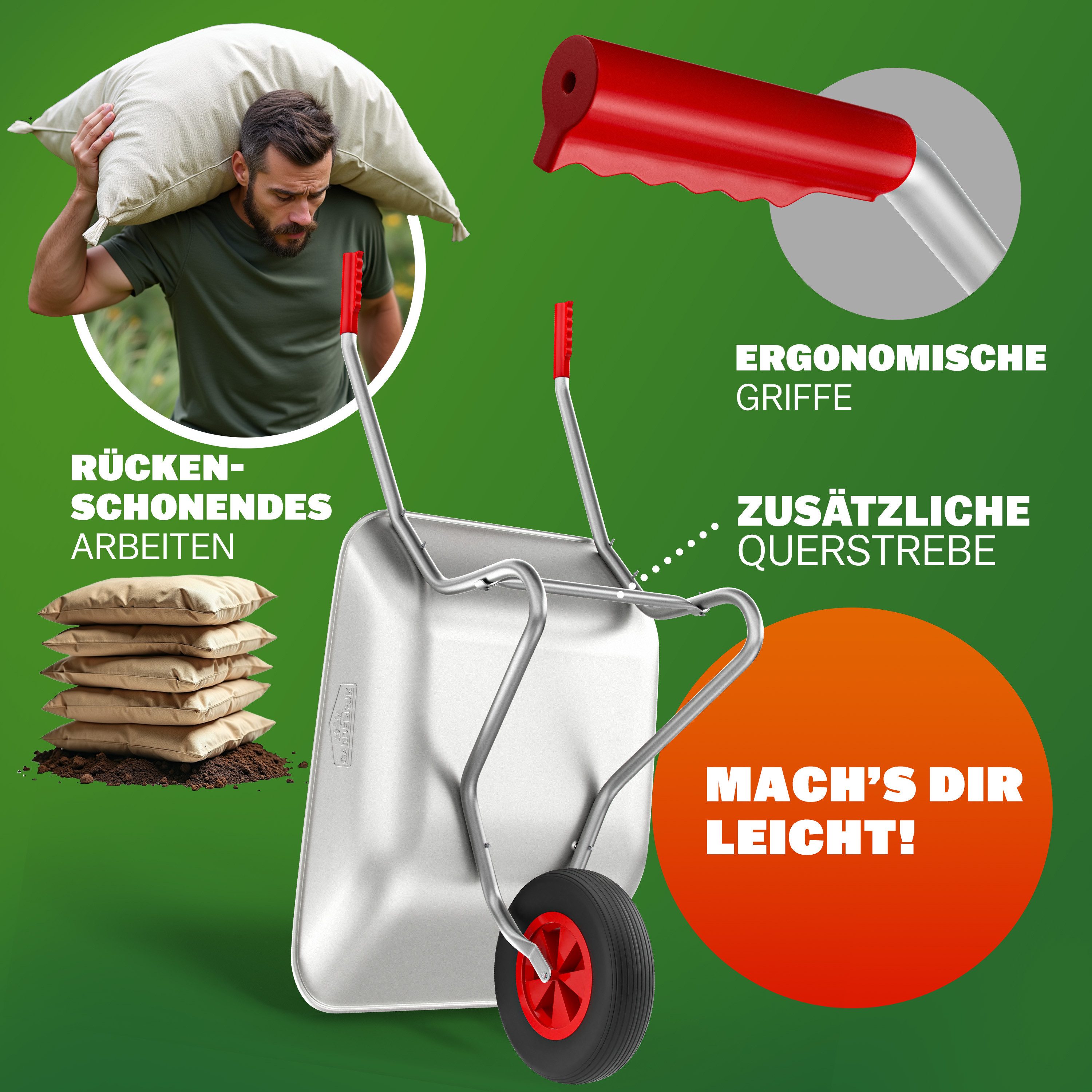 Gardebruk Schubkarre, Schubkarre Gartenkarre 80L verzinkt 80kg Bau Schiebkarre Luftreifen