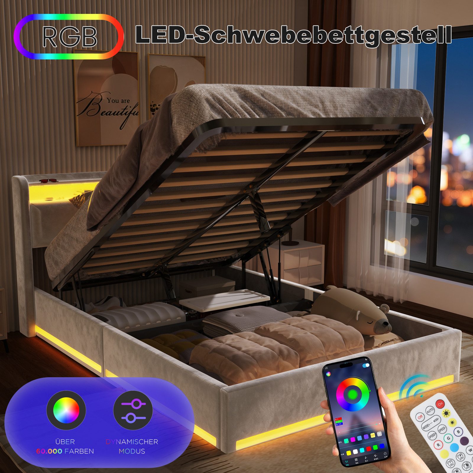 oyajia Polsterbett LED Doppelbett 140x200cm, Stauraumbett mit Kopfteil, Sam günstig online kaufen