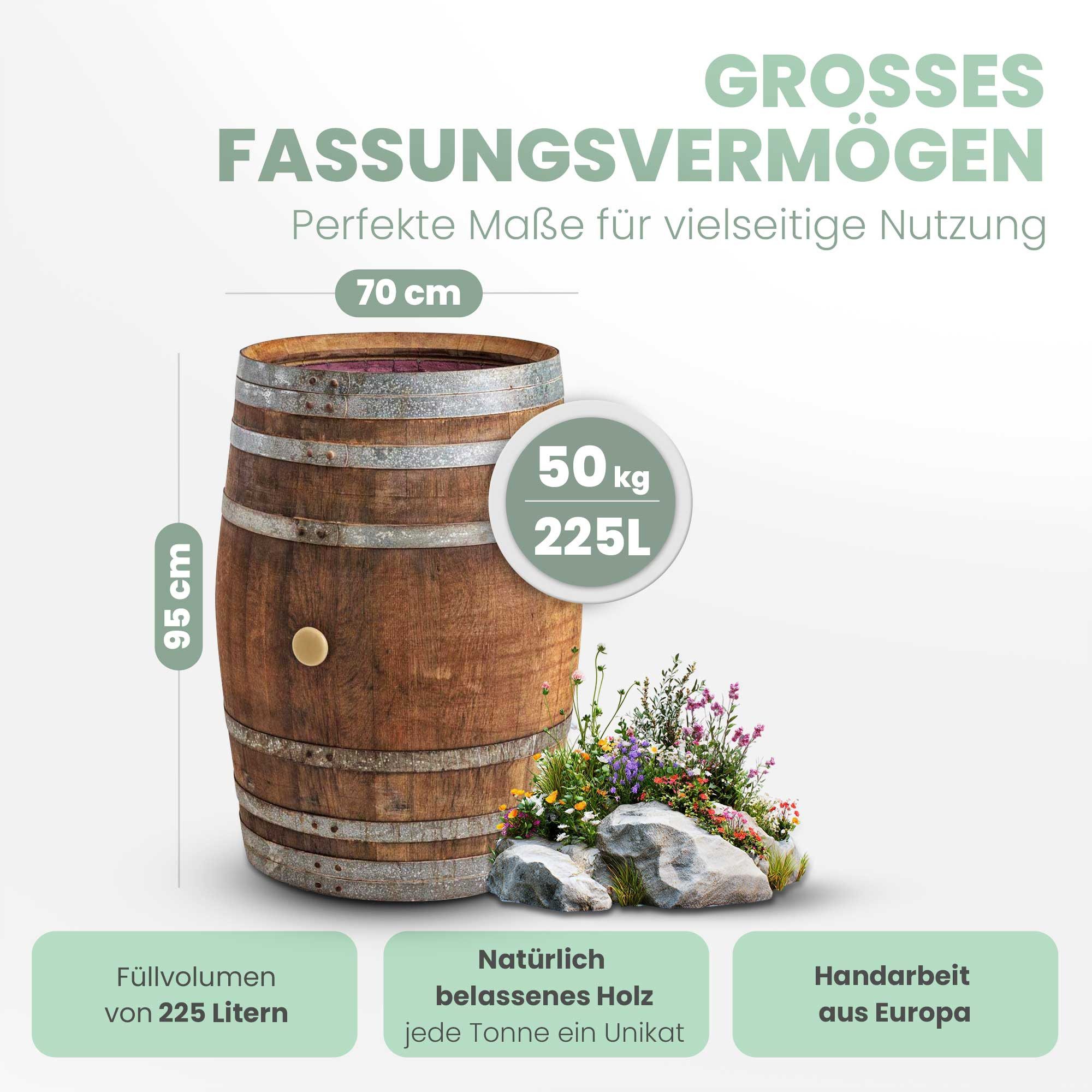 Temesso Regentonne 225L Weinfass als Regentonne - massives Eichenfass, 225 l