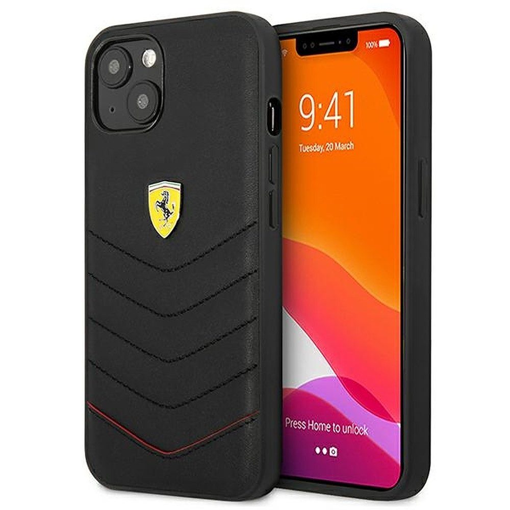 Ferrari Handyhülle Steppleder Cover Schutzhülle, Echtleder, Steppung, Kabelloses Laden, Metall-Logo