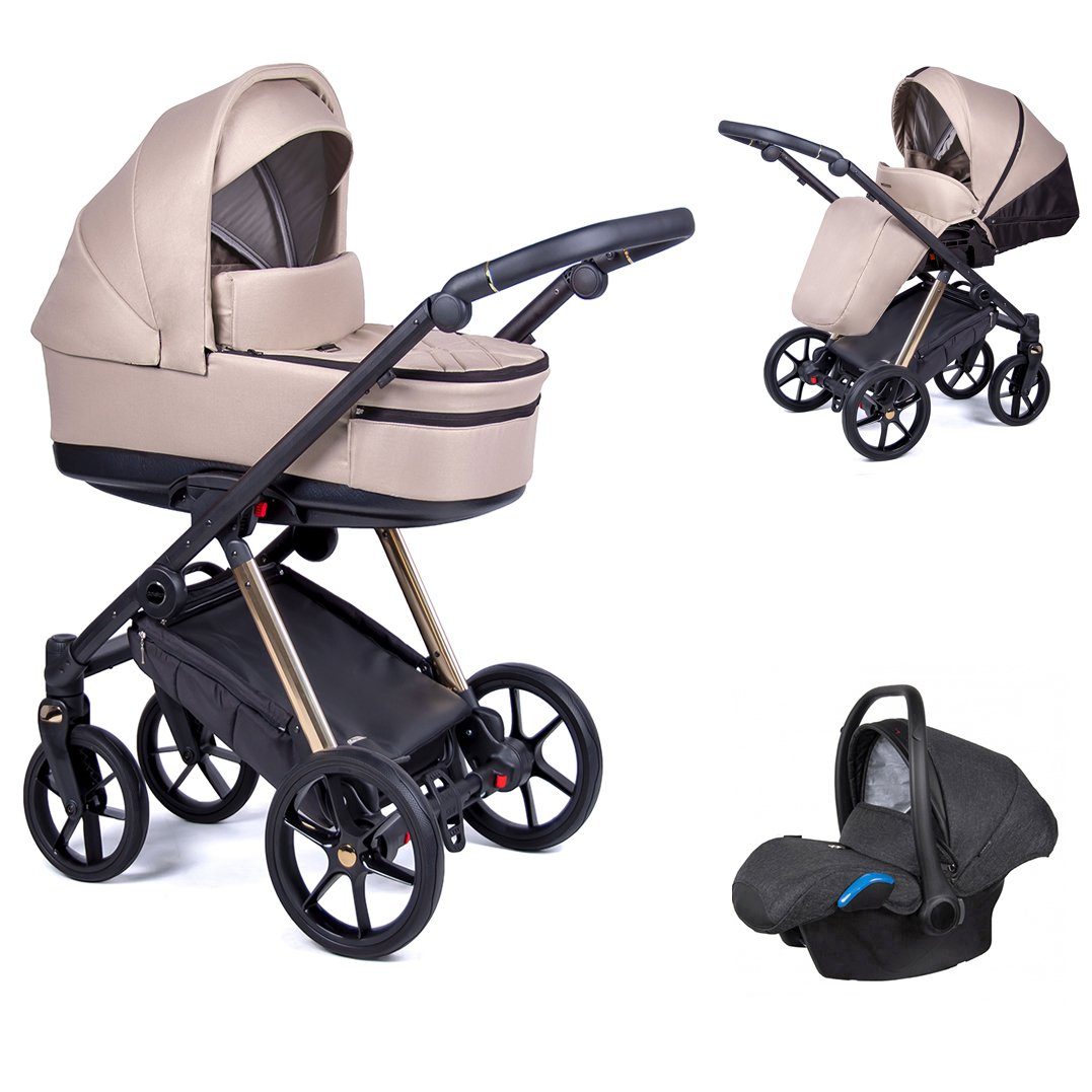 babies-on-wheels Kombi-Kinderwagen 3 in 1 Teile - 24 Kinderwagen-Set - Axxis Sand in Gestell gold Designs 15 =