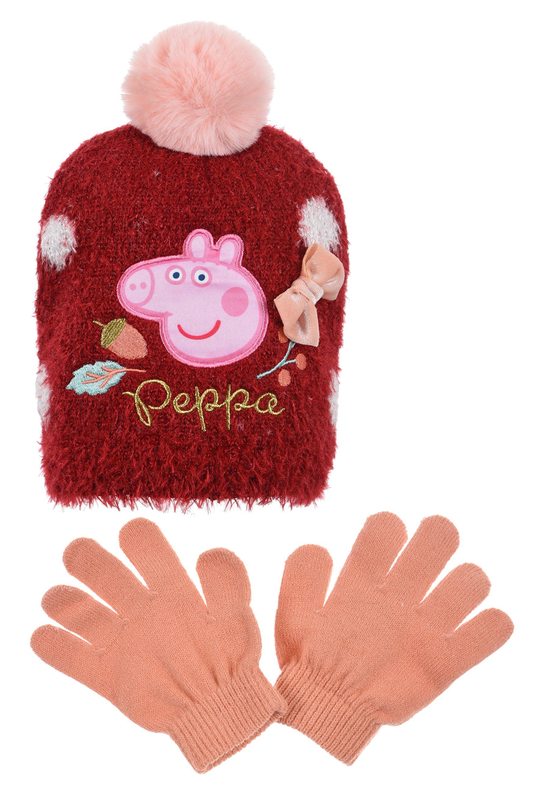 Peppa Pig Winter-Mütze Bommelmütze Winter-Set (SET) Mädchen Pink Wutz Handschuhe Peppa Kinder
