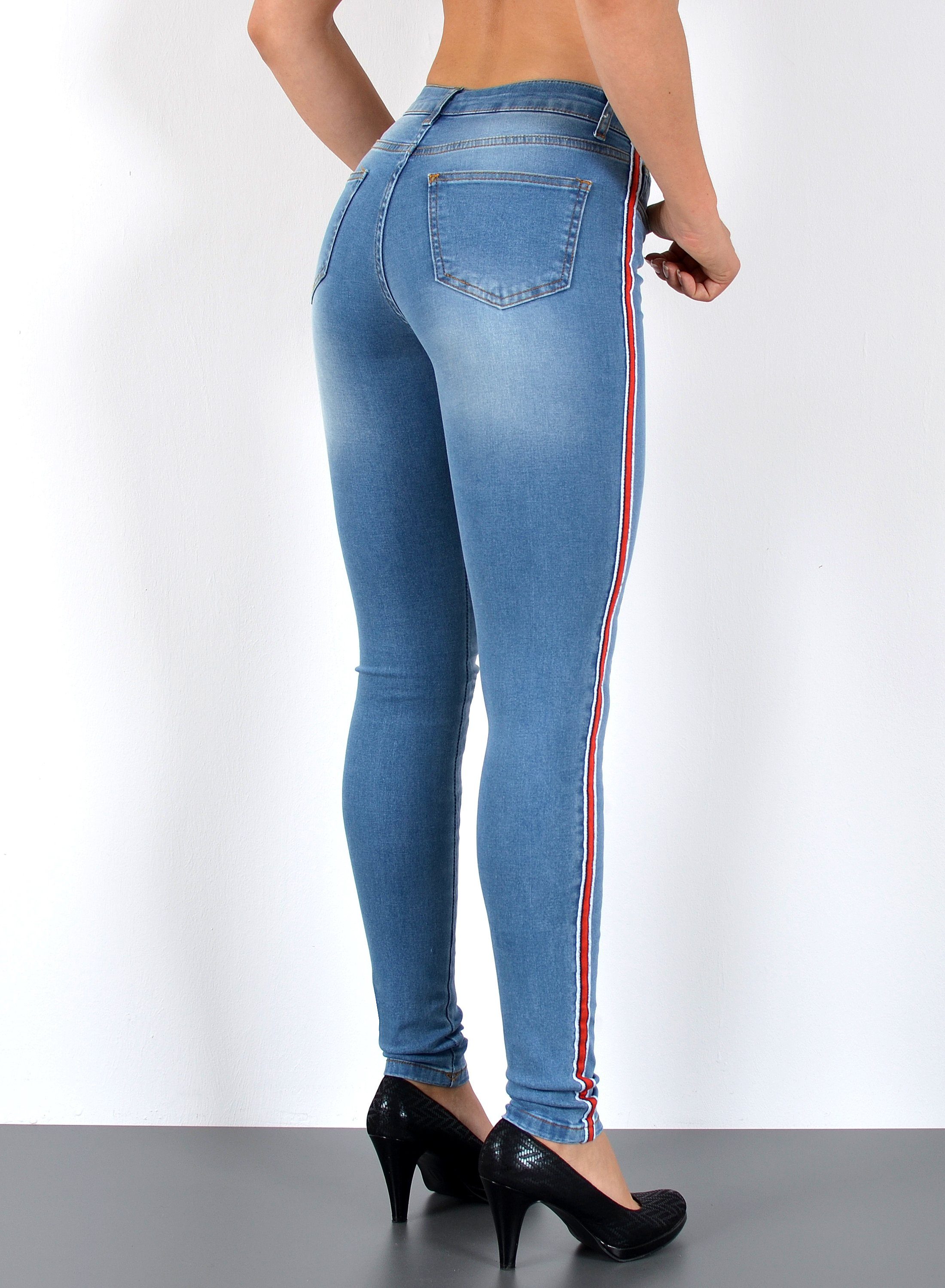 ESRA Skinny-fit-Jeans Damen High Waist Skinny Jeans mit Streifen bis Große Größe J330 Skinny Jeans Damen High Waist mit Seitenstreifen Galonstreifen Hose