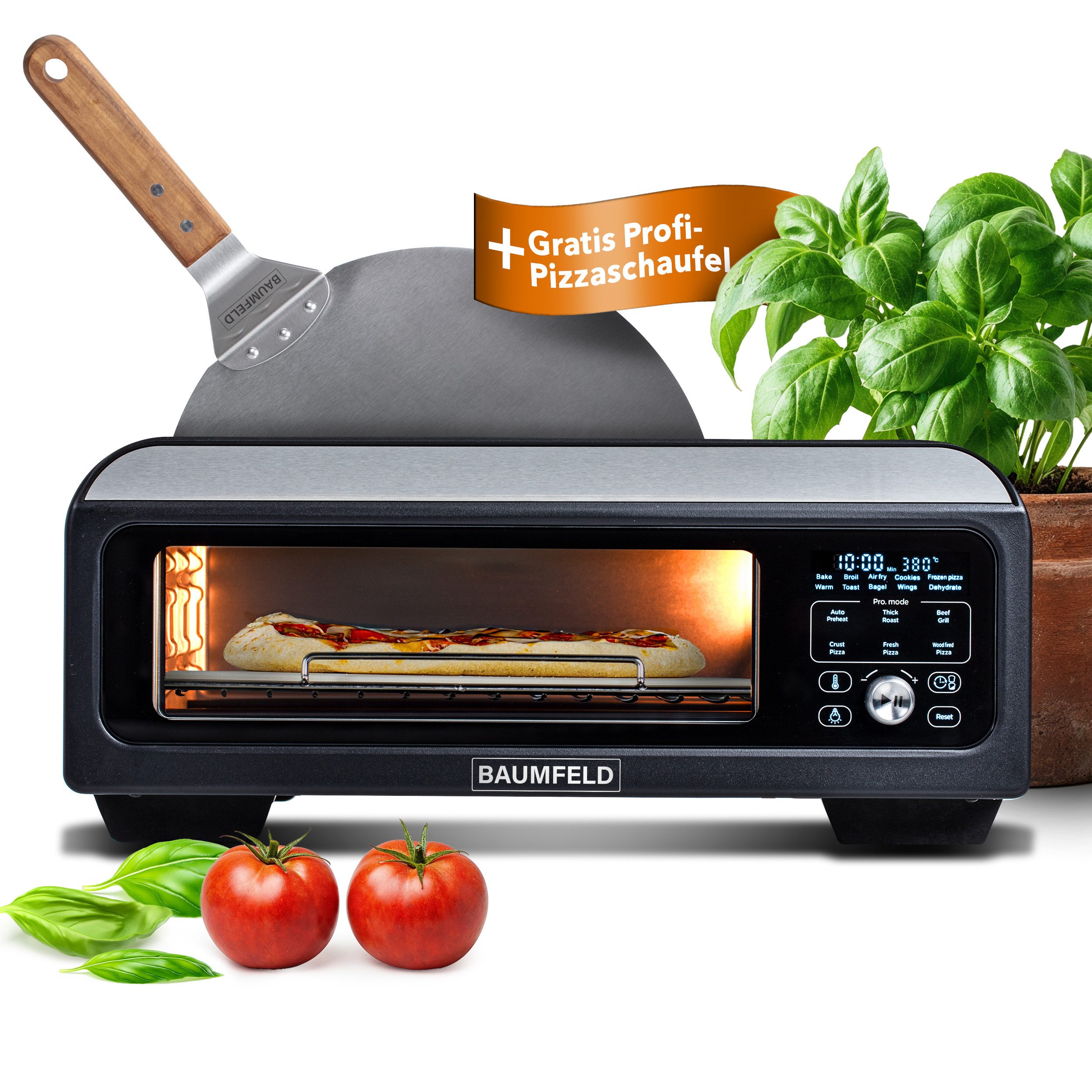 BAUMFELD Pizzaofen BAUMFELD PizzaAirfryer400 – 12-in-1-Multifunktionsofen inkl. Zubehör, Baumfeld, Pizzaofen, Airfryer, 400 °C, 12-in-1-Multifunktionsofen