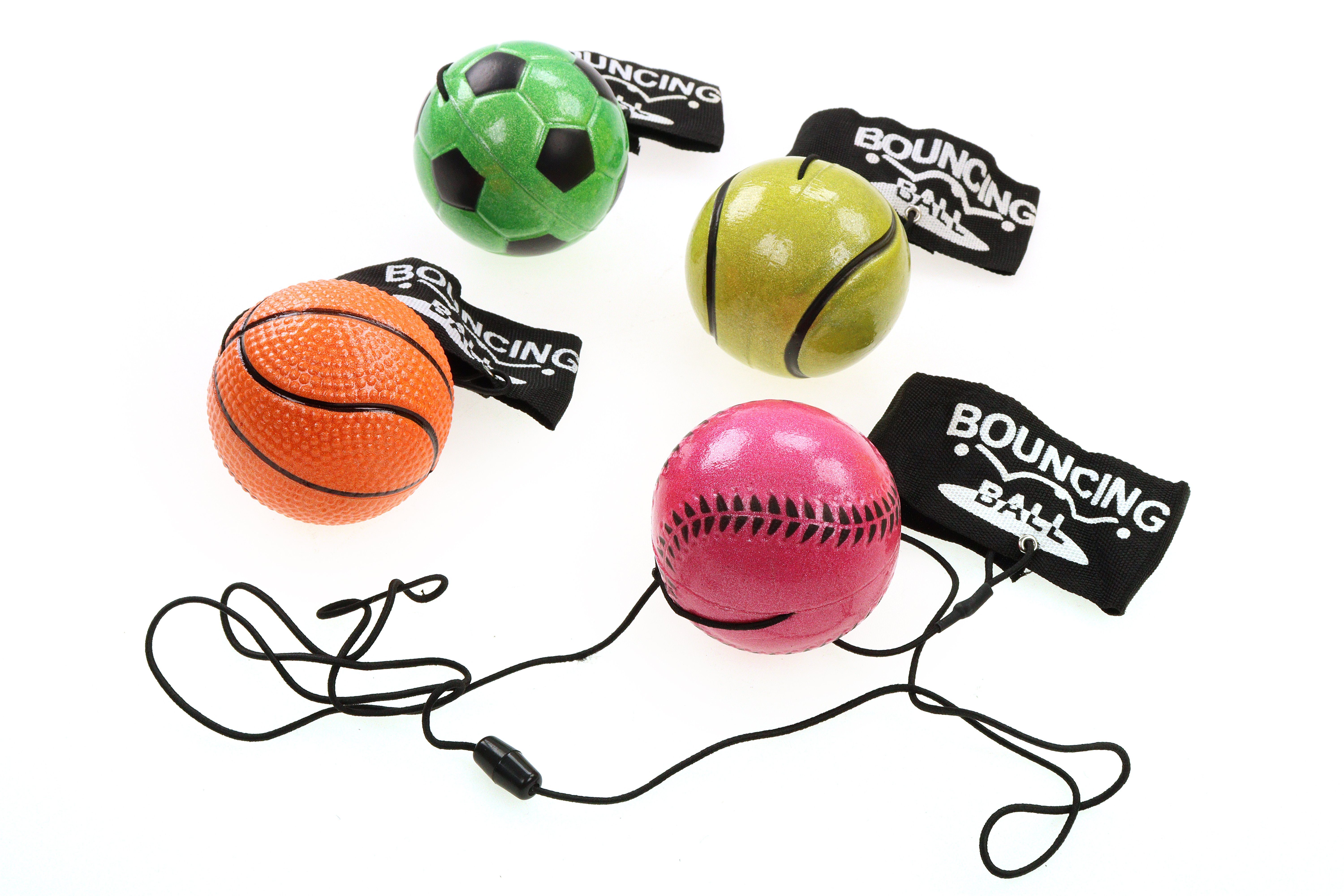 ELLUG Spielball 4er Set Springball/Returnball/Flummi, metallic, glitzernd  Armband & Schnur, Safety Clip, Fußball/Basketball/Tennisball/Baseball Ø6,3cm