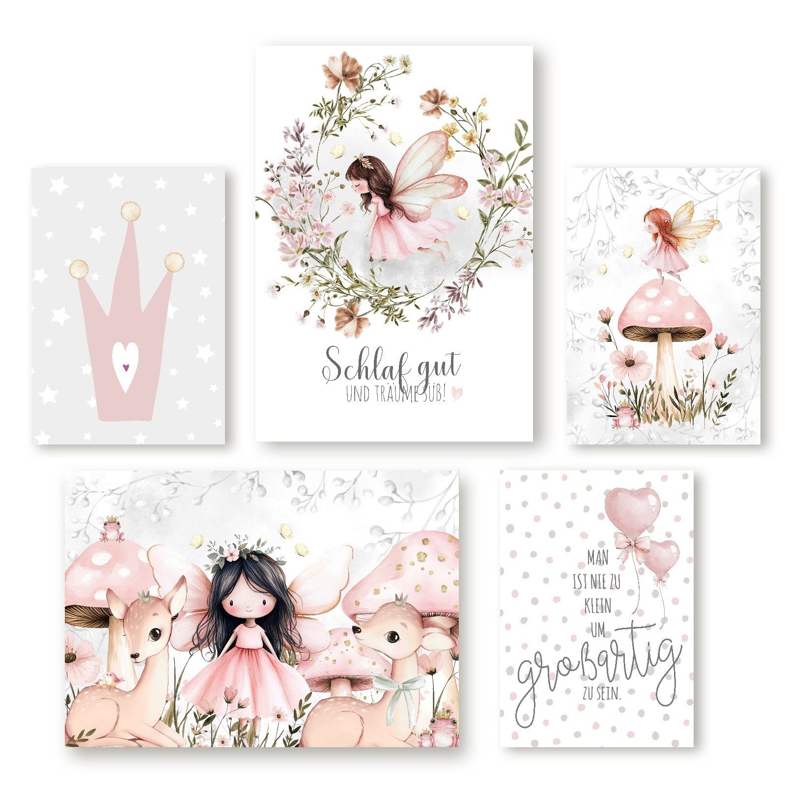 homestyle-accessoires Poster Kinderzimmer Bilder Kinderbilder SCHLAF GUT KLEINER ENGEL FEEN BAMBI, (5 St), - Ohne Bilderrahmen - sorgfältige & sichere Verpackung