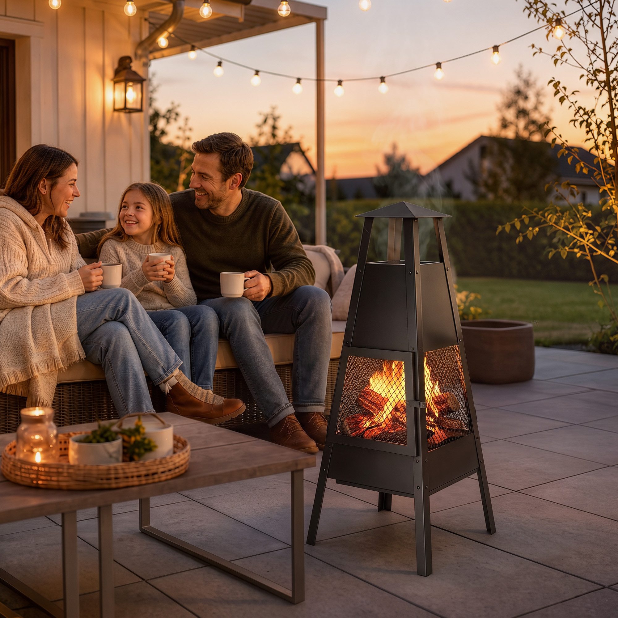 Outsunny Feuerschale Gartenkamin mit Schutzgitter, (Set, 1-St., 1x Feuerstelle), Konischer Zugkamin, 360° Wärme, Funkenschutz