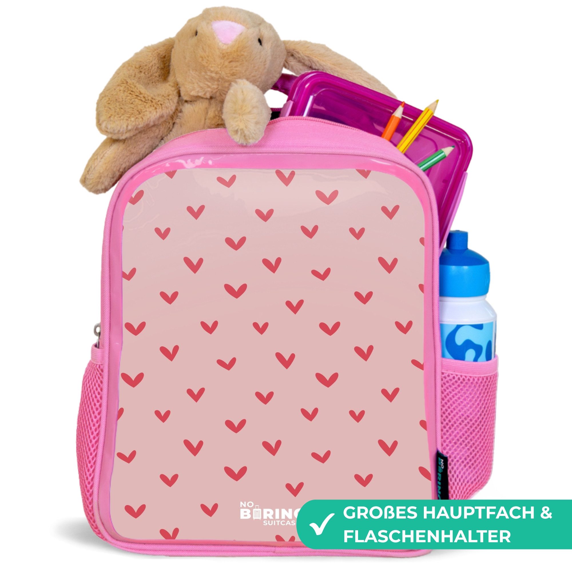 NoBoringSuitcases.com© Rucksack Rosa - Herzmuster mit rosa Farben, Kinderrucksack, Schulrucksack, Freizeitrucksack, Mädchen, Kindergarten